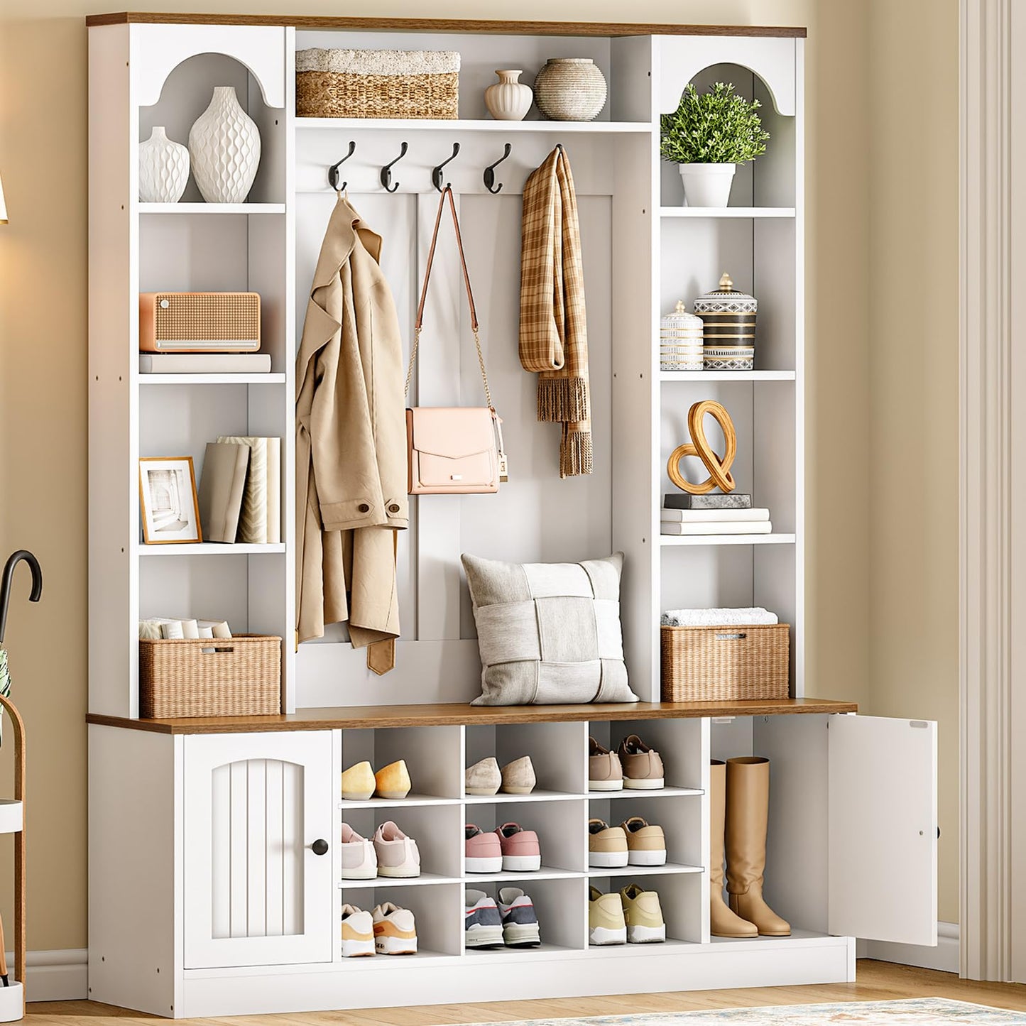 HOOBRO Hall Tree with Bench and Shoe Storage, 51" Entryway Bench with Coat Rack, Farmhouse Entryway Organizer with 5 Hooks, 8 Open Compartments, 9 Shoe Cubbies, for Hallway, White and Walnut WH180MT01
