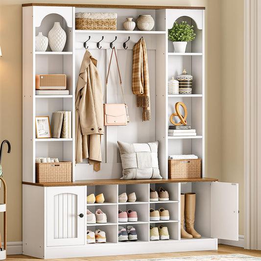 HOOBRO Hall Tree with Bench and Shoe Storage, 51" Entryway Bench with Coat Rack, Farmhouse Entryway Organizer with 5 Hooks, 8 Open Compartments, 9 Shoe Cubbies, for Hallway, White and Walnut WH180MT01