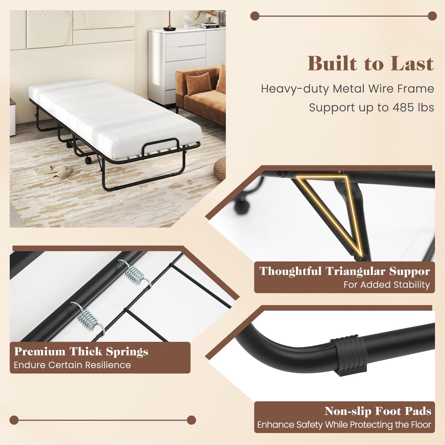 KOMFOTT Folding Bed with Mattress, Cot Size Rollaway Guest Bed with Heavy-Duty Metal Frame & Lockable Wheels, Space Saving Portable Fold up Sleeper Beds for Office, Apartment, Small Spaces