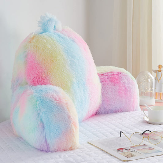 Bedriping Reading Pillow for Bed - Faux Fur Backrest Pillow with Arms, Reading & Bed Rest Pillows Rainbow Colors, Fluffy Sit Up Pillow, Study Pillow for Kid, Tween, Teens & Adult Girls