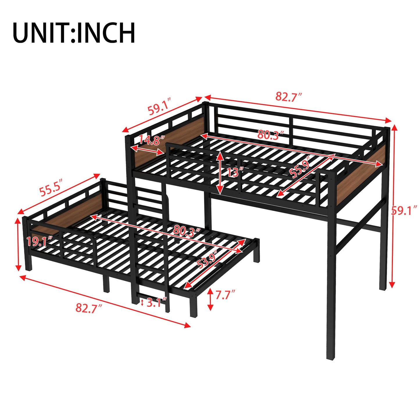 Bellemave Full XL Over Full XL Bunk Bed, Separable Bunk Beds for Kids, Converts to Loft Bed & Platform Bed, Heavy Duty Metal Bunkbed with Guardrails, No Box Spring Needed, Walnut