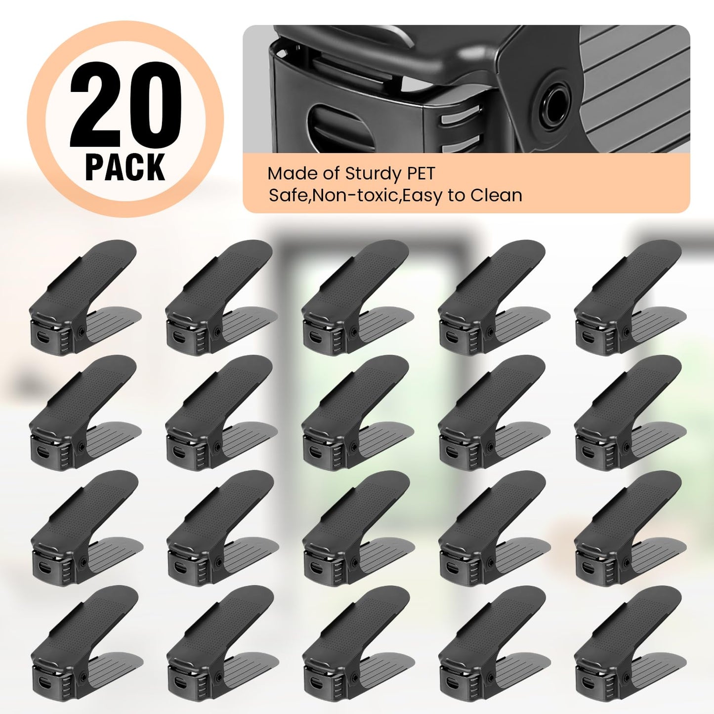 TOPNEW 20 Pack Shoe Slots Organizer Shoe Stacker for a Pair of Shoes 4 Levels Adjustable 50% Shoe Space Saver Double Layer Shoe Rack Organizer for Closet (Black)