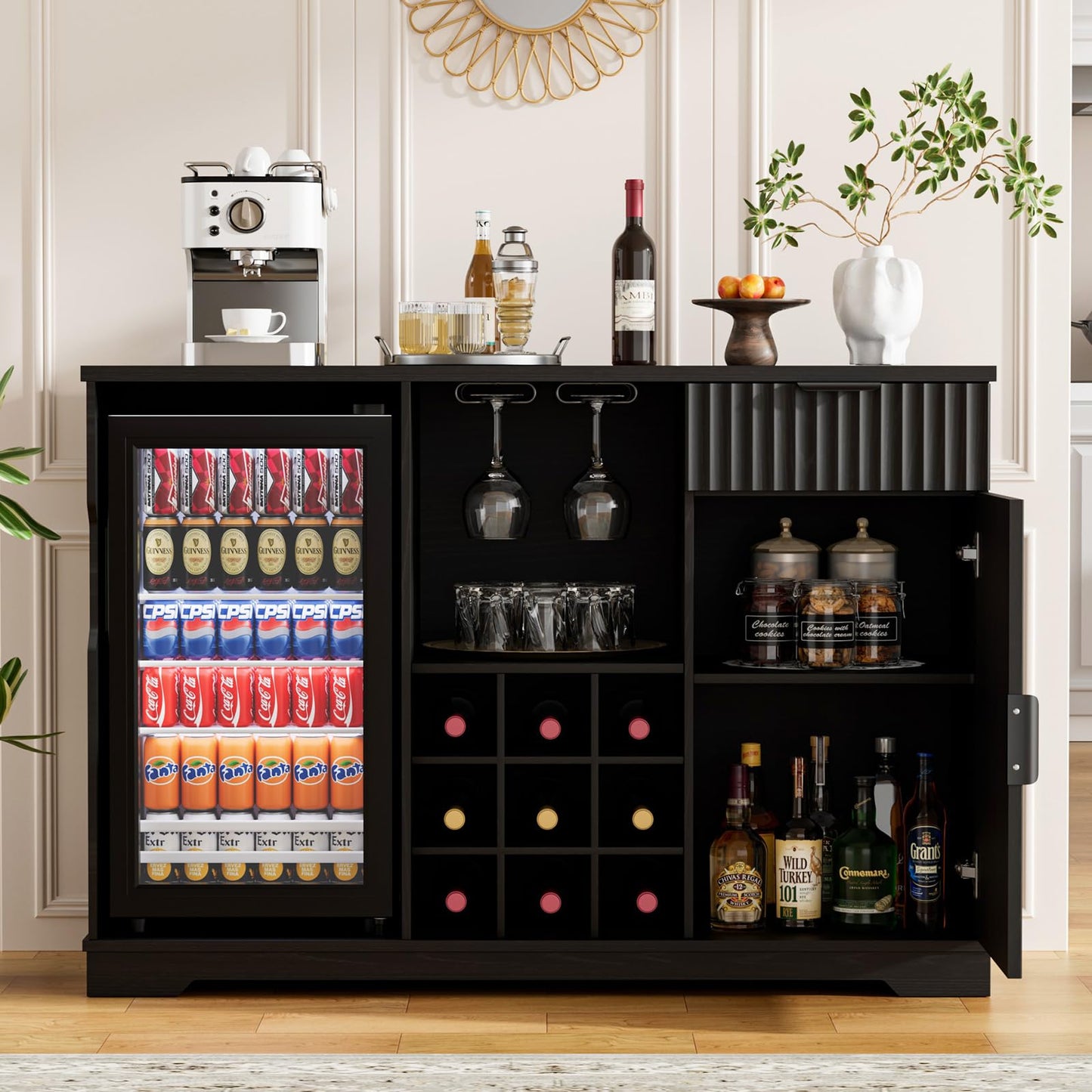 Aauro Home Coffee Bar Cabinet with Fridge (Fridge Included), Fluted Wine Bar Cabinet with Wine Rack and Glass Holder, Buffet Sideboard Table Liquor Cabinet with Drawer & Storage, Home Bar, Black