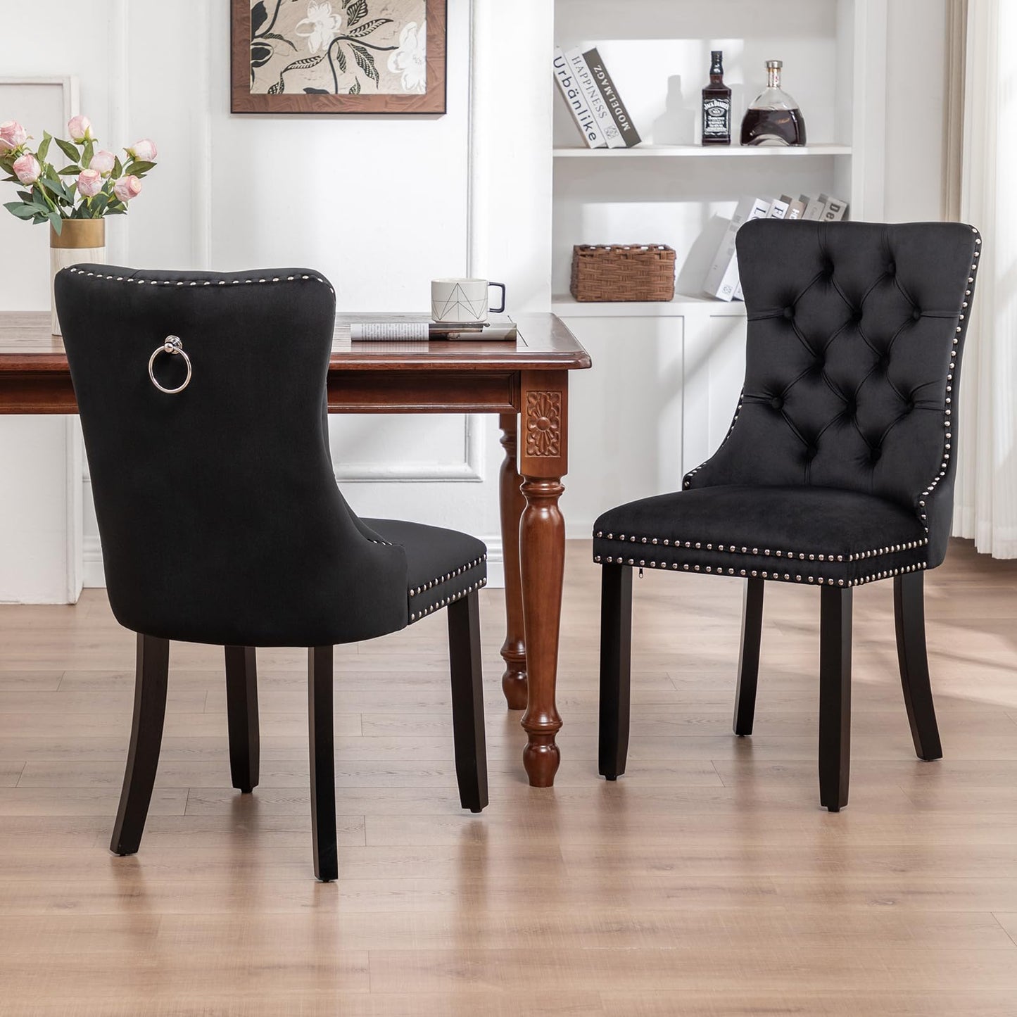 Eifizek Velvet Dining Chairs Set of 4, Upholstered Dining Room Chairs with Nailhead Ring Pull Trim, Button Tufted Dinning Chairs for Dining with Solid Wood Legs for Kitchen Dining Room(Black)
