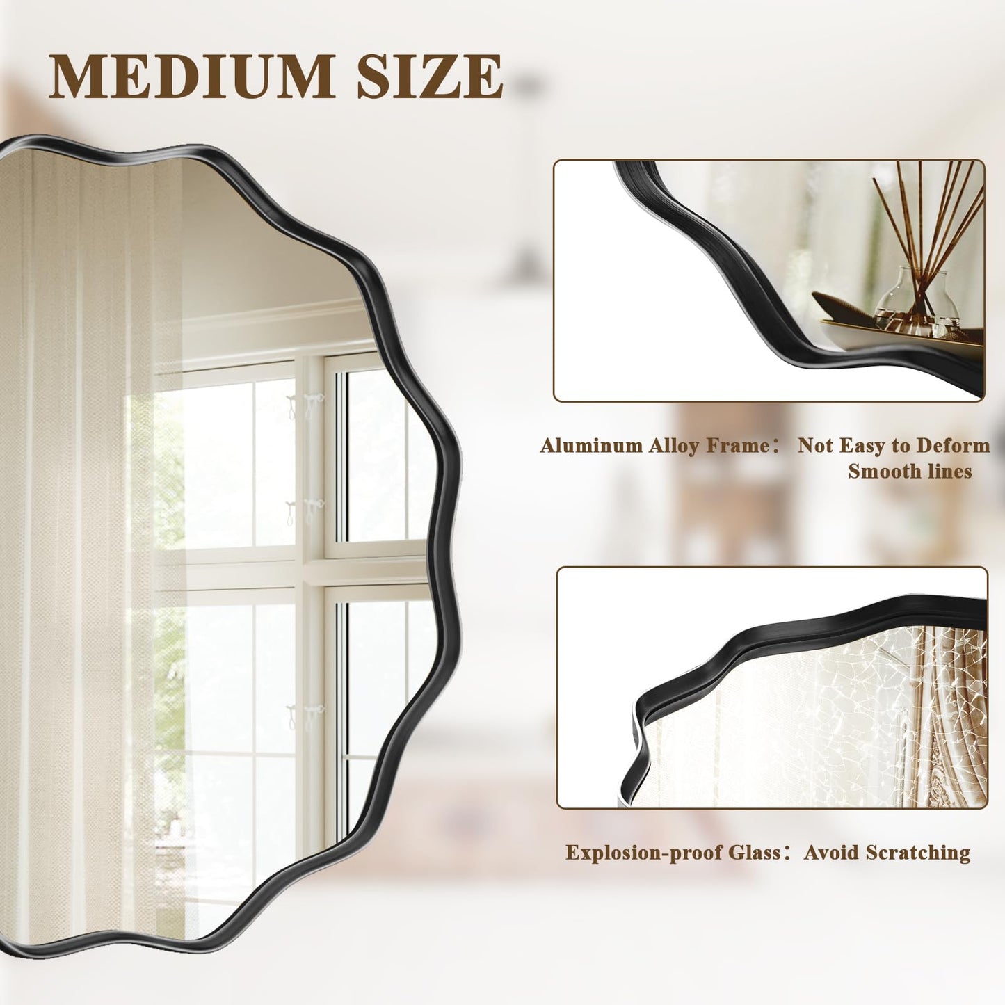VooBang Black Scalloped Circle Mirror 30" Wavy Edge Round Wall Mirror