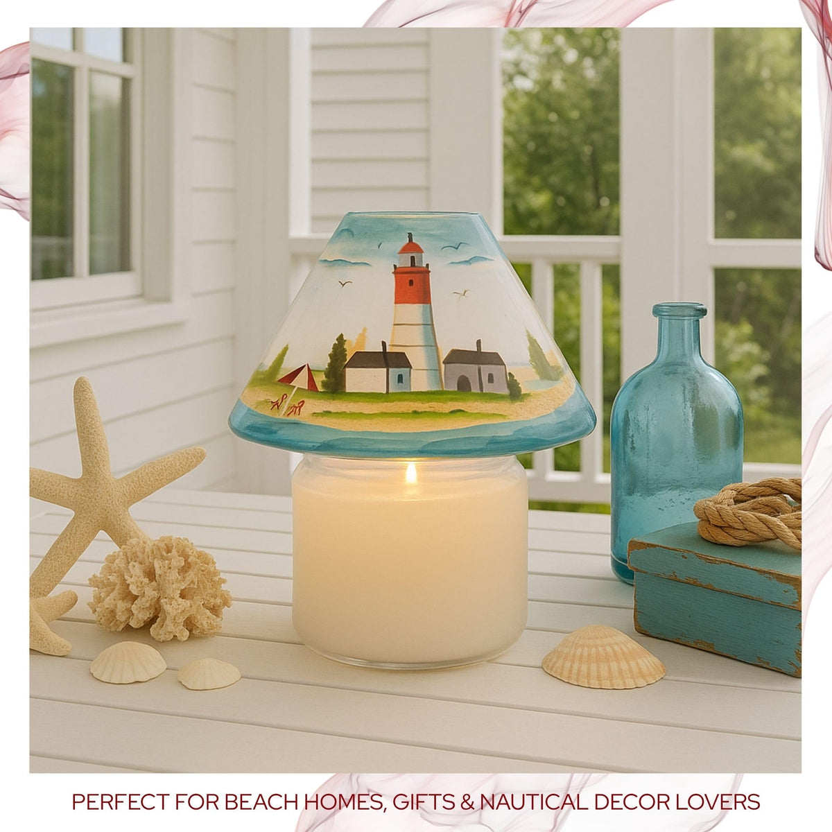 Biedermann & Sons Hand-Painted Seashore Scene Jar Candle Shades, Multicolor, 4 Inch Tall - Set of 4