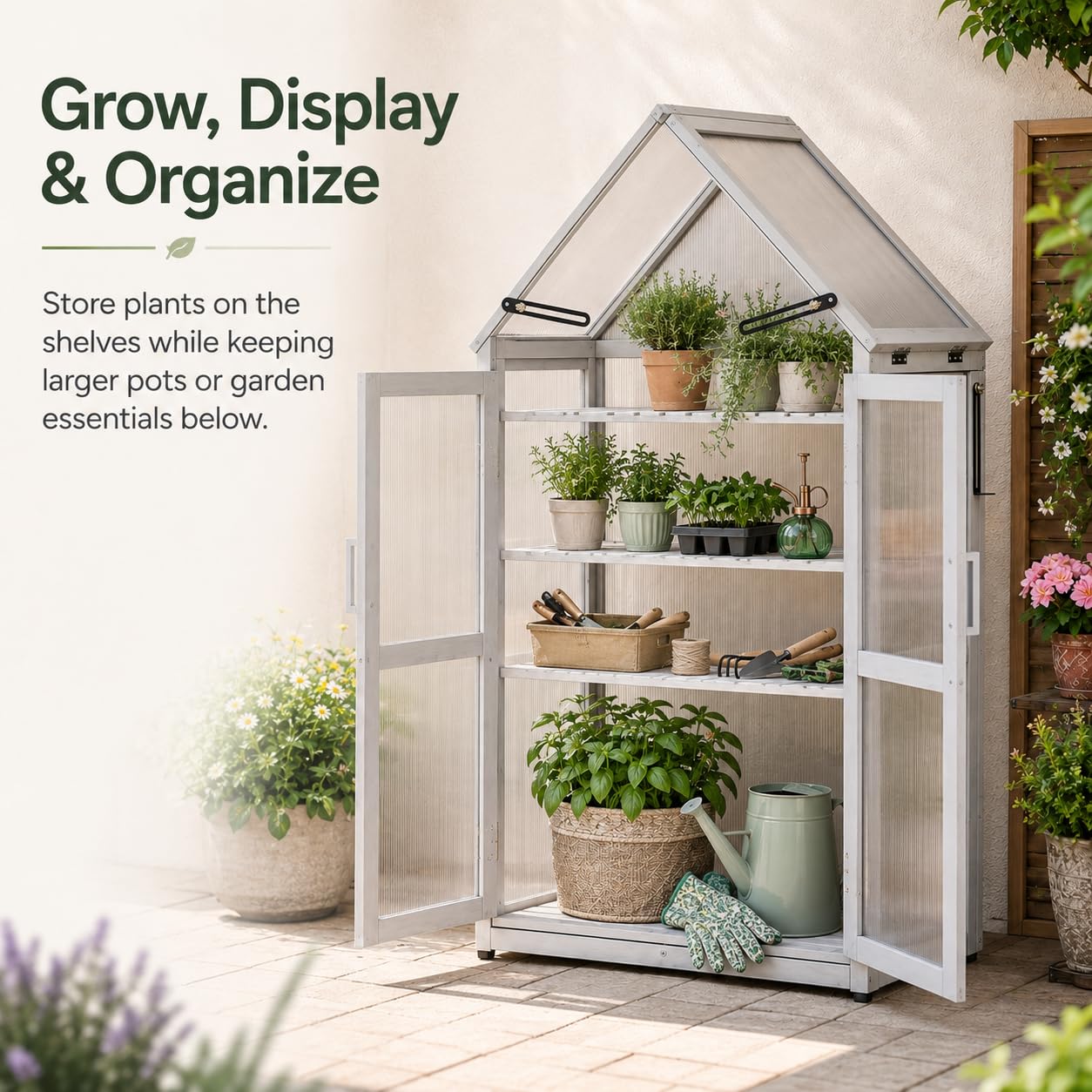 WizSeq Wooden Mini Greenhouse Outdoor, 52.3" Cedar Cold Frame Plant Stand with Adjustable Roof, Removable Shelves and Wall Brackets for Patio, Balcony, Garden, French Gray