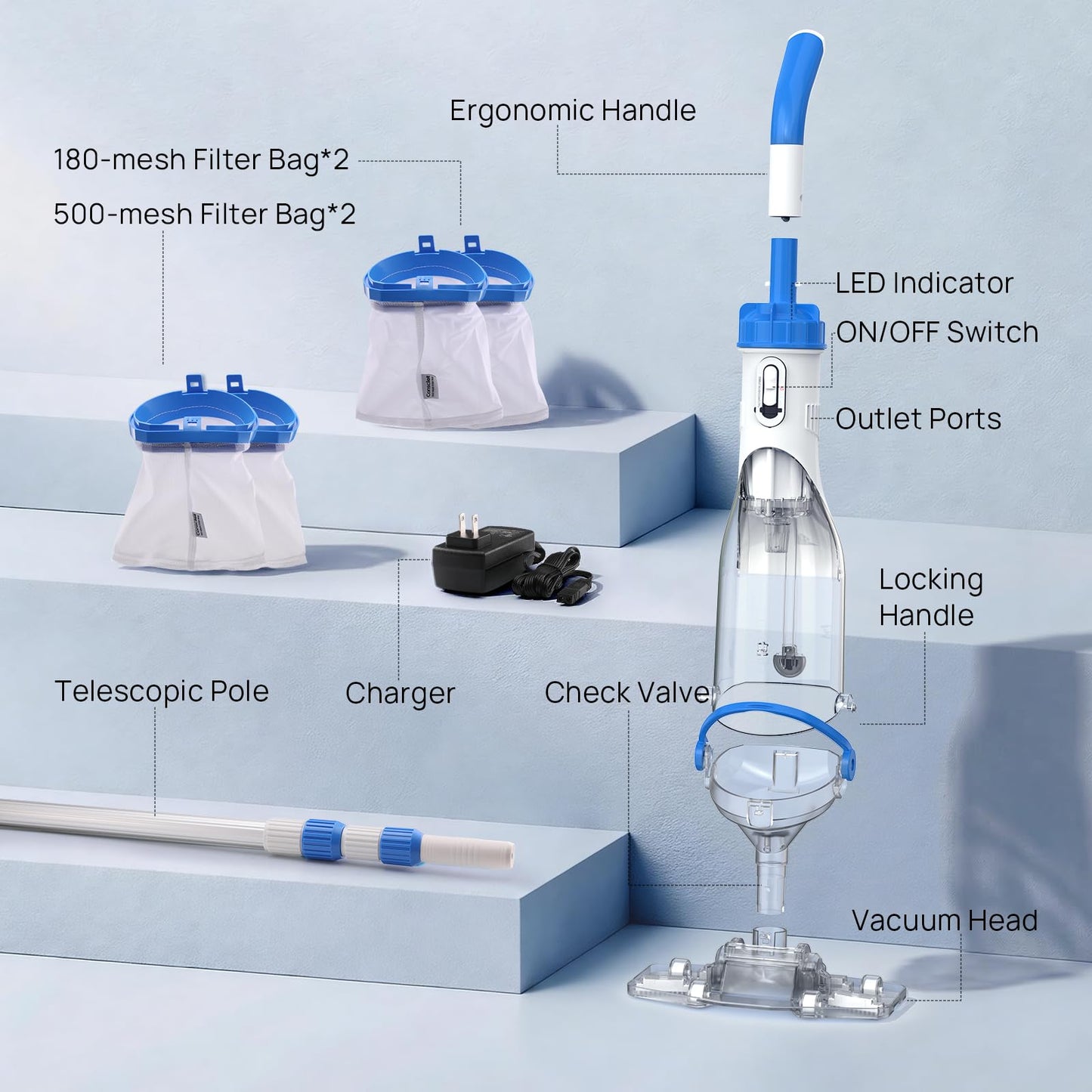 Handheld Pool Vacuum for Above Ground & Inground Pools, Consciot Cordless Rechargeable Pool Cleaner with 1110 GPH Suction, Telescopic Pole up to 87.5", 1H Runtime, See-Through Head for Spas & More