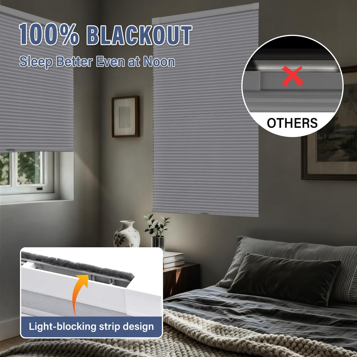 AOSKY No Drill Cordless Blackout Cellular Shades, 34" W x 48" H, White