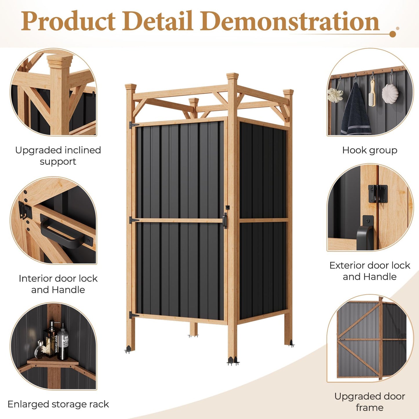 EROMMY Outdoor Shower Enclosure with Lockable Door, Weatherproof Outdoor Shower Stall with Metal Panels, Hooks & Shelves - Perfect for Pool Wash Station, Backyard & Beach Rinse Area Small Version