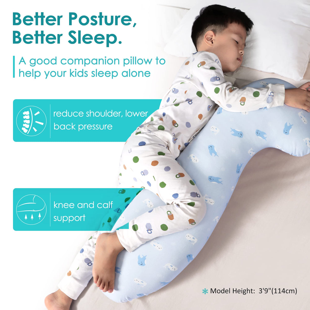 BYRIVER 35" Curve Long Body Pillow for Kids Girls Boys Toddler, Swan Child Hug Sleep Pillow, Removable Jersey Cotton Pillow Cover, Plush Gifts for Kids (Blue)