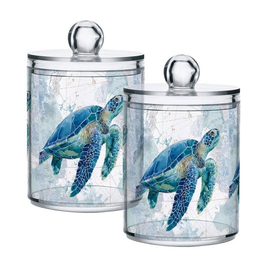 xmycdz 2 Pack Sea Turtle Pattern Apothecary Jars with Lid, 10 Oz Clear Plastic Apothecary Jar Set Qtip Holder Storage Containers for Cotton Ball Swabs Bathroom Vanity