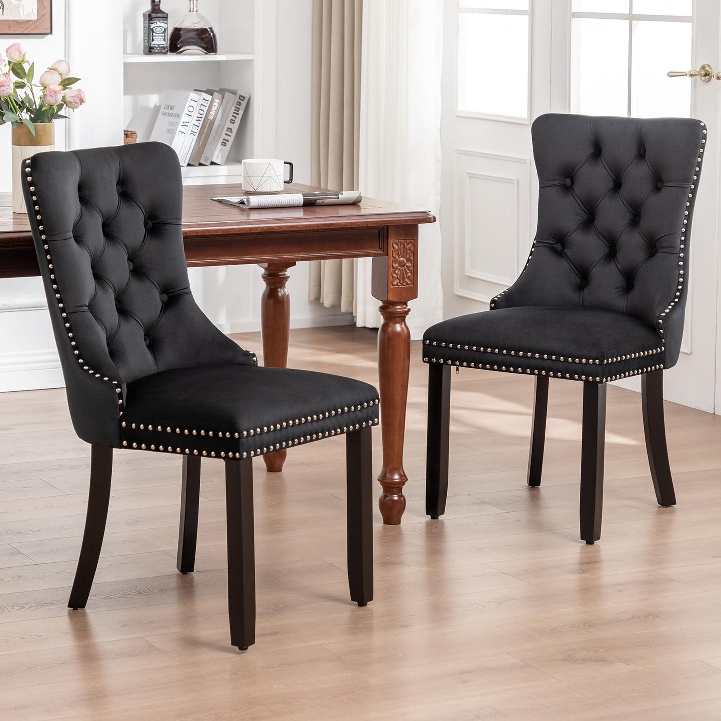 Eifizek Velvet Dining Chairs Set of 4, Upholstered Dining Room Chairs with Nailhead Ring Pull Trim, Button Tufted Dinning Chairs for Dining with Solid Wood Legs for Kitchen Dining Room(Black)