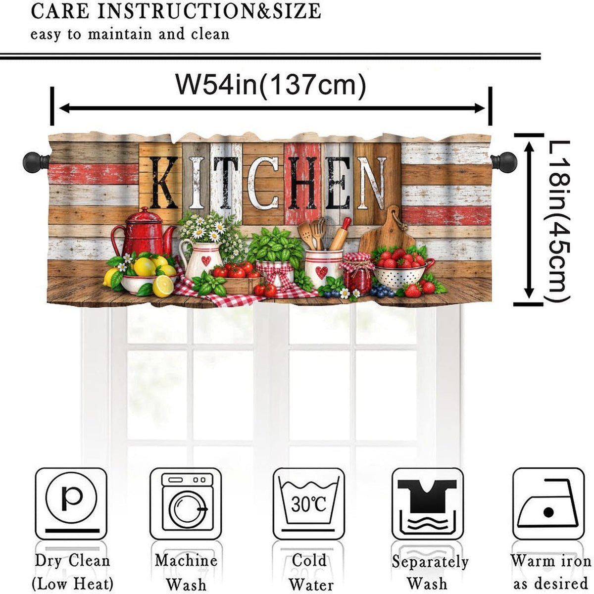 Veridic Farmhouse Kitchen Valance for Kitchen Windows Rustic Wood Pattern Blackout Rod Pocket Short Curtain Window Treatments for Living Room Dining Room 54x18 Inch 1 Panel