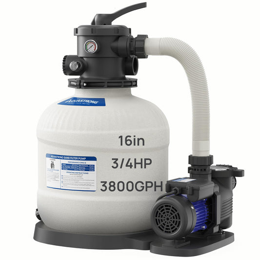 AQUASTRONG 16in Sand Filter Pump for Above Ground Pool, 3/4 HP Pool Pumps Above Ground 3800 GPH for Pools up to 16000 GAL, Sand Pool Filter with 6-Way Valve, Improved Circulation and Filtration