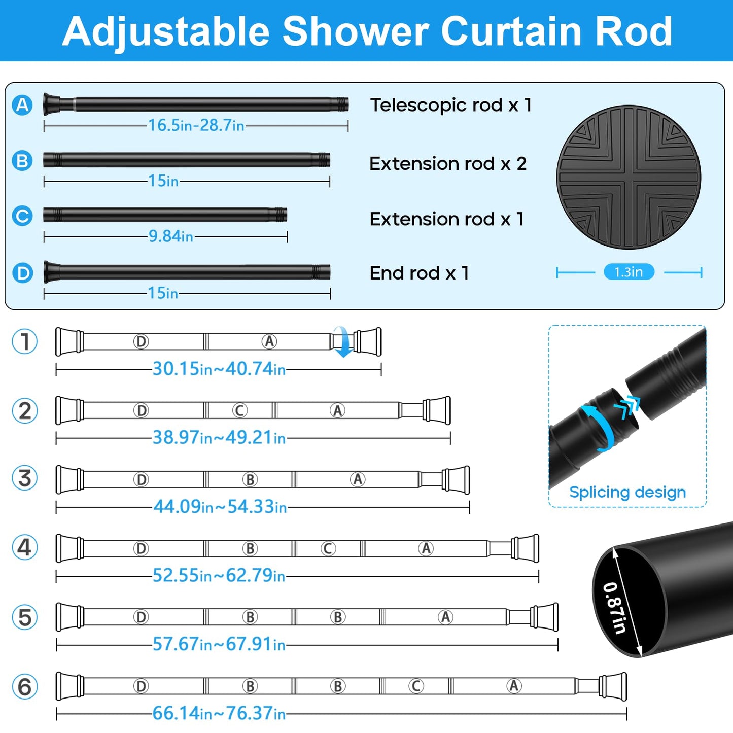 MEXAU 2 Pack Spring Tension Curtain Rods 31-76 Inch Black Shower Curtain Rod No Drilling Adjustable Spring Loaded Curtain Rods 7/8" Diameter Shower Rods for Window Bathroom Closet Doorway Door