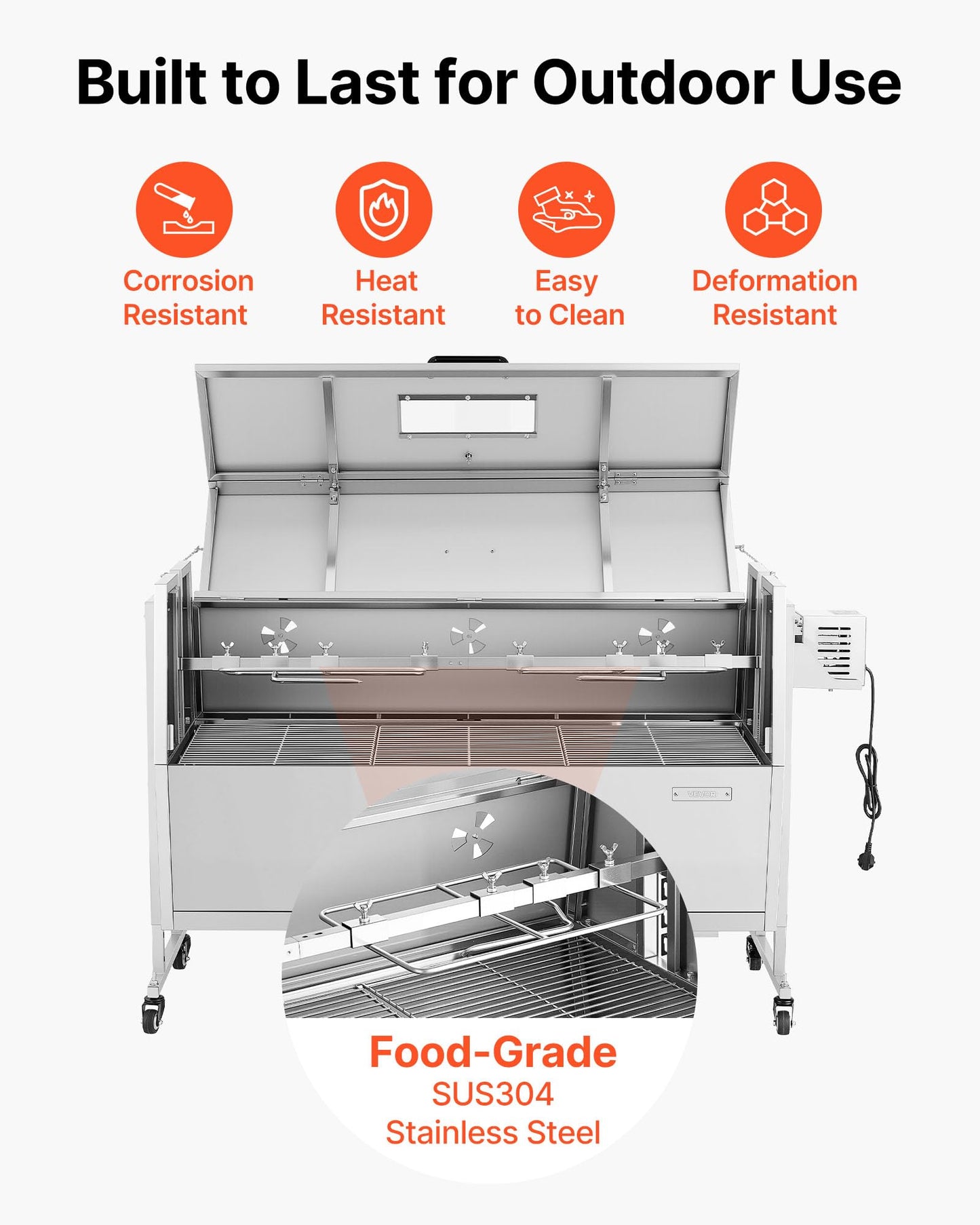 VEVOR Rotisserie Grill, 46in BBQ Outdoor Pig & Lamb Spit Roaster, Charcoal Spit Roaster with 132 LBS Capacity, Wheels & 4-Level Height, Stainless Steel Rotisserie Grill Kit for Camping Outdoor Parties