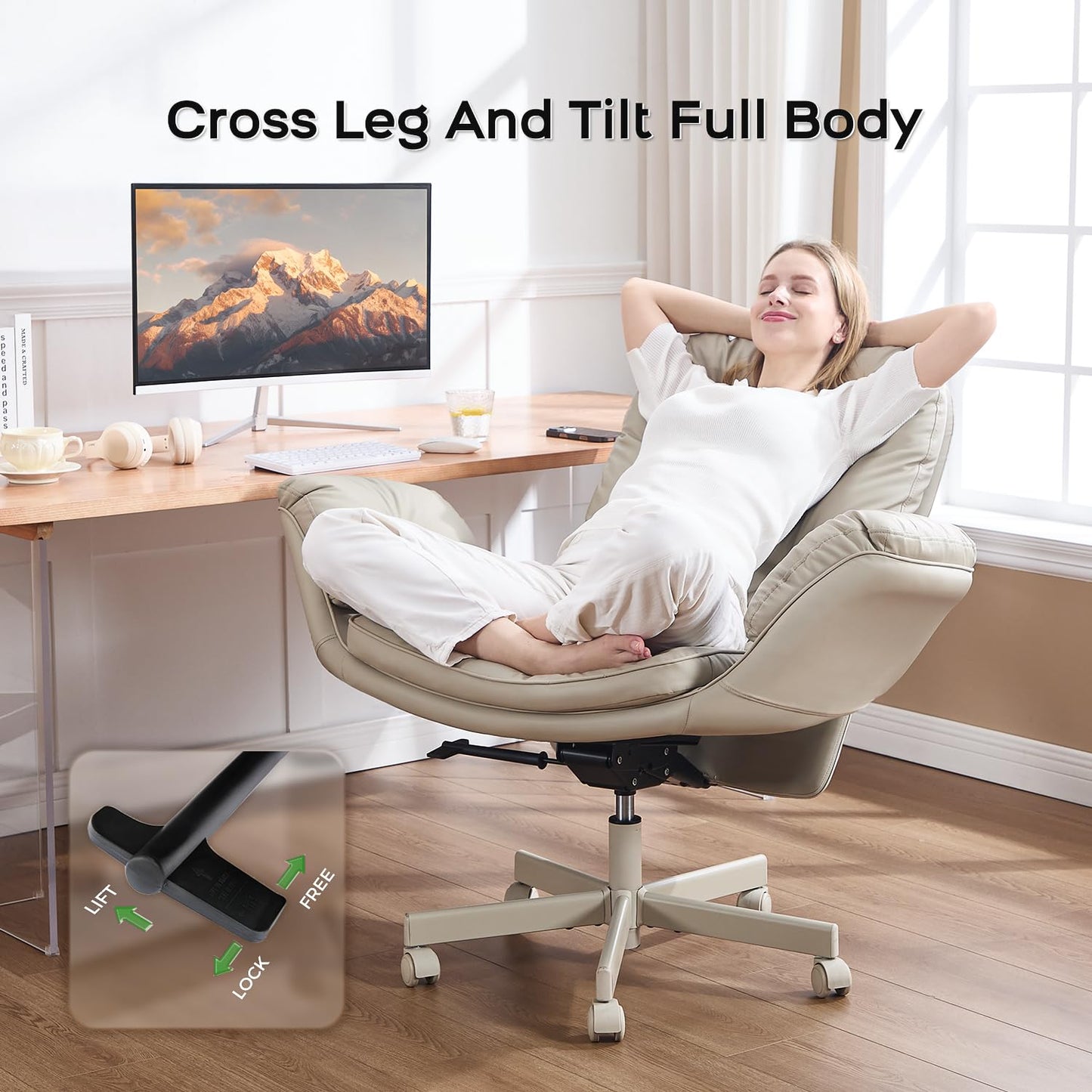amseatec Criss Cross Chair with 5-Level Armrests — Self-Weight Recline with 90°/135° Lock, 400LBS Big and Tall Executive Office Chair, PU Leather Swivel Computer Desk Chair for Home Office (Cream)