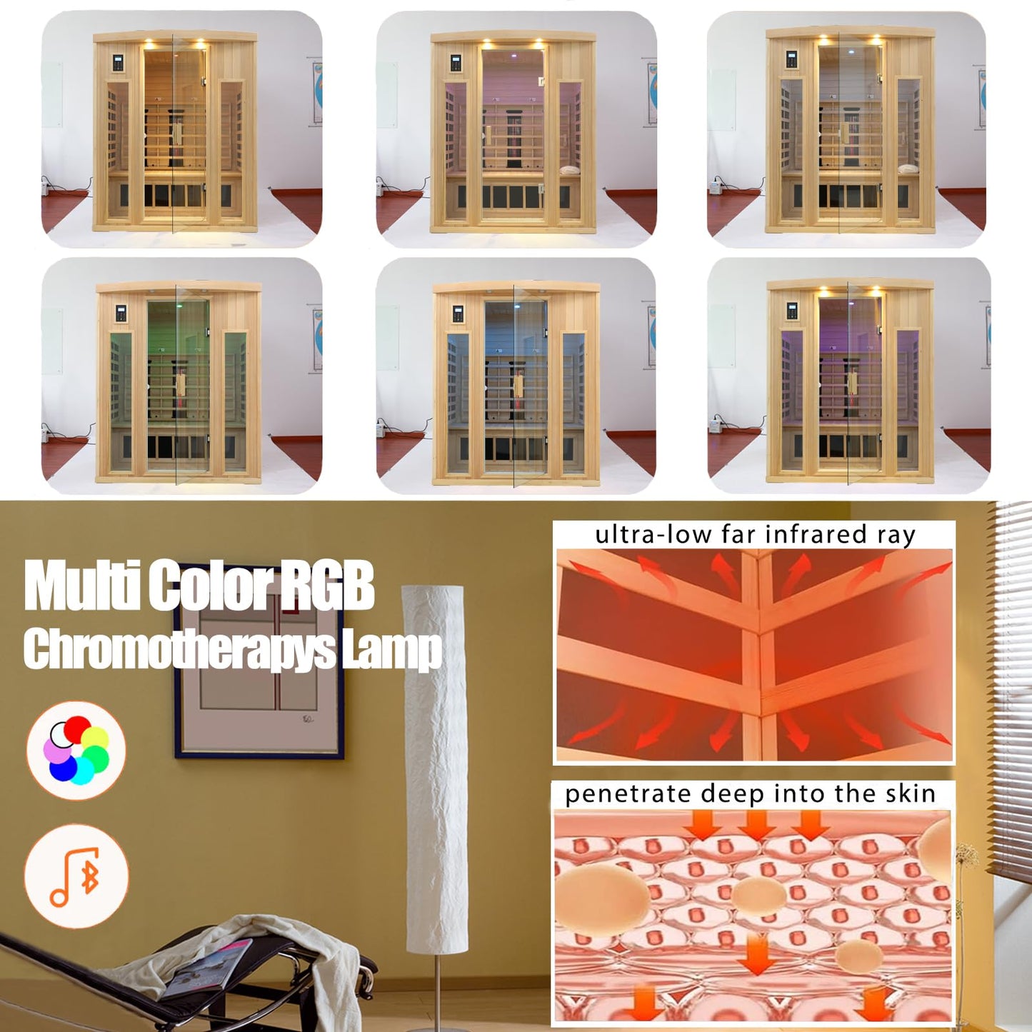 KUNSANA 3 Person Infrared Sauna, Ceramic Infrared Sauna 3 Person, Far Infrared Saunas for Home, Low EMF Infrared Indoor Sauna, Hemlock Wooded Sauna Room, Bluetooth Speakers, Chromotherapy Lights