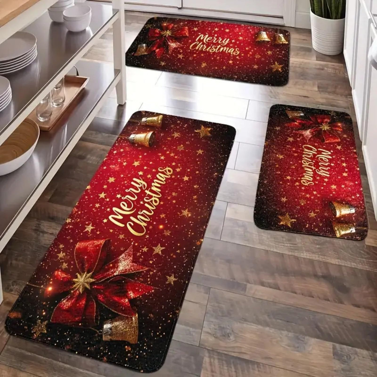 Christmas Rug Set of 3, Washable Rug Soft Christmas Rugs for Living Room Entryway, Red Xmas Tree Elk Bedroom Rug Non Slip Cute Accent Rugs Carpet for Kitchen Dining Room Holiday Decor