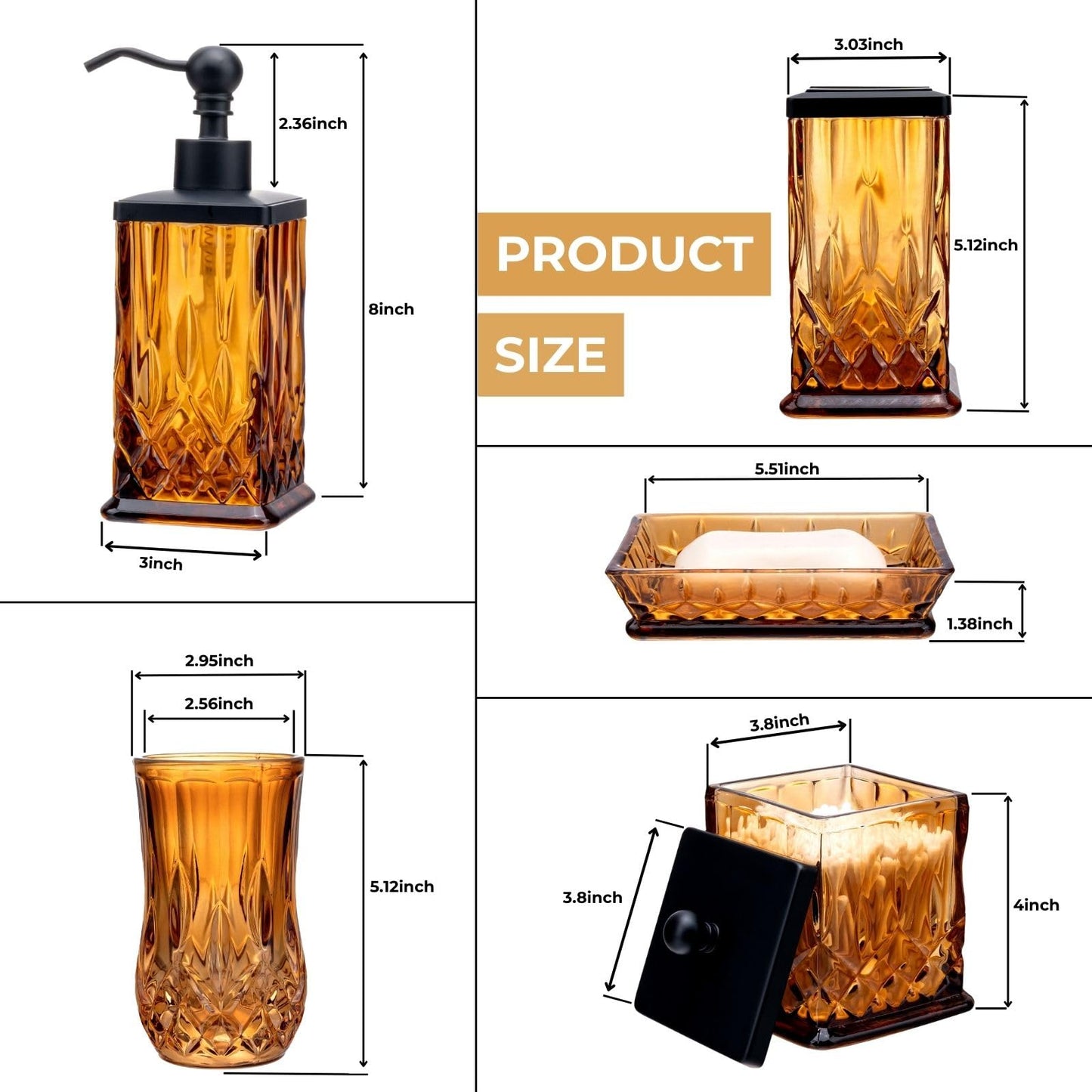 ZIVQEXMURL Amber Bathroom Accessories, Square Thick Glass & Zinc Alloy Pump
