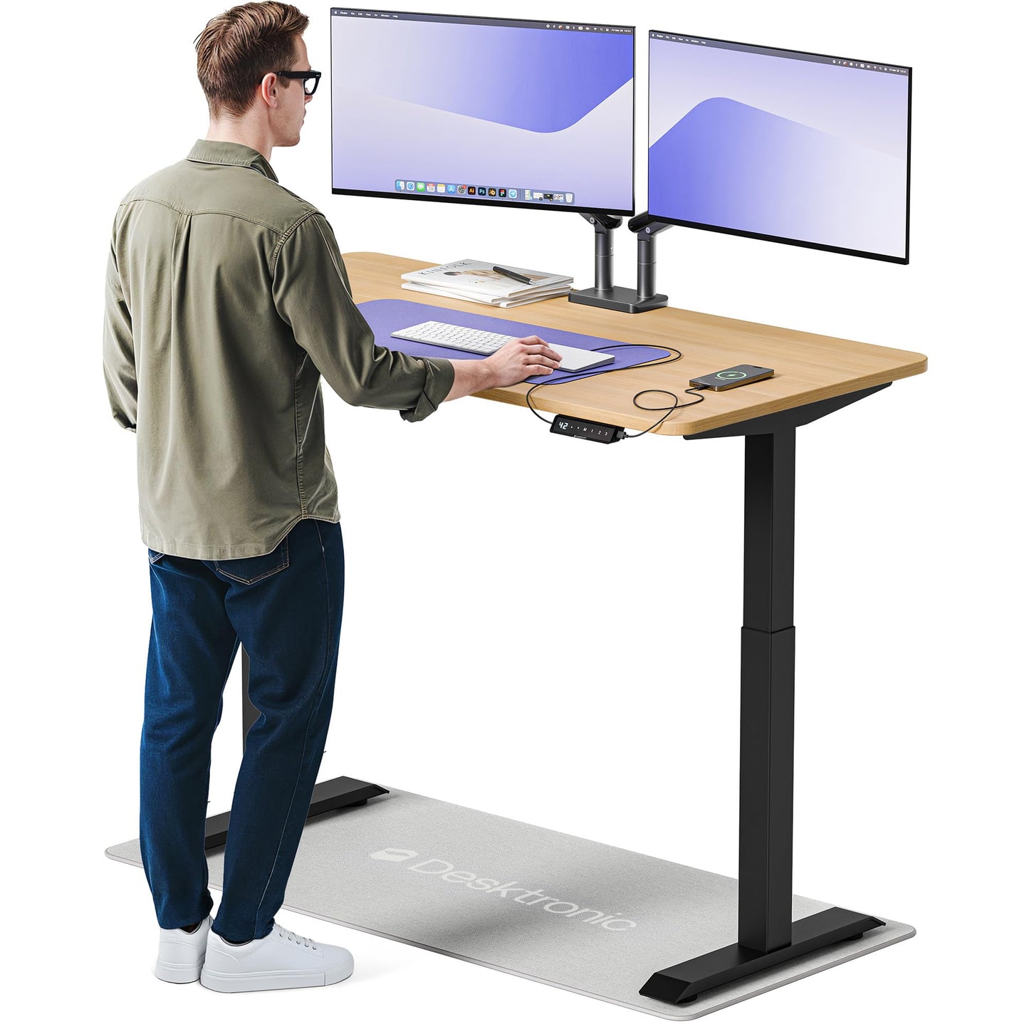 Desktronic HomeOne Standing Desk 54x28 — Ergonomic Sit Stand Home Office Desk, Made in Europe, Electric Dual Motor Height Adjustable, USB & USB-C Charging, Wobble-Free, Touchscreen, 3 Memory Presets