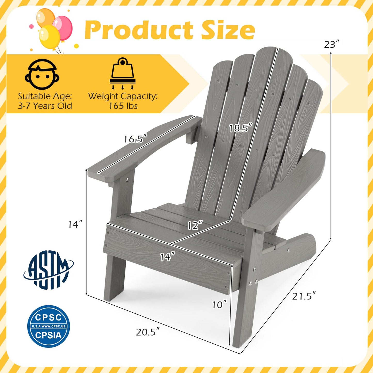 Costzon Kids Adirondack Chair, All-Weather HIPS Toddler Outdoor Chair, Wooden Textured Plastic Fire Pit Chair, Kids Patio Chair for Backyard Lawn Garden, Fits Children Age 3-7 Years (1, Gray)