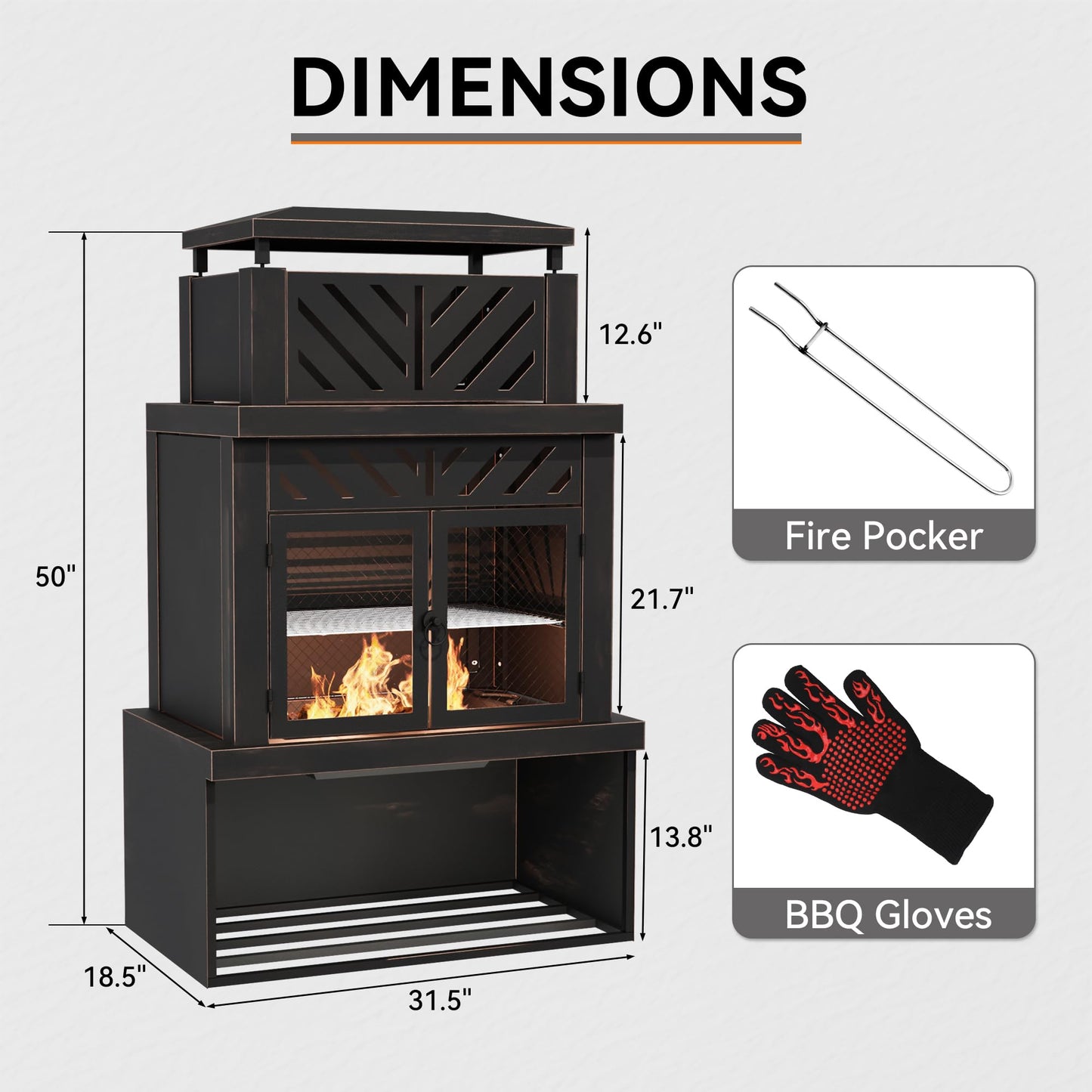 Gardenbee 31.5" Outdoor Wood Fireplace with Chimney and Wood Storage, Fireplace with Fire Pocker, BBQ Grill & Gloves, Outside Removable Fire Pit for Patio, Garden and Deck, Black
