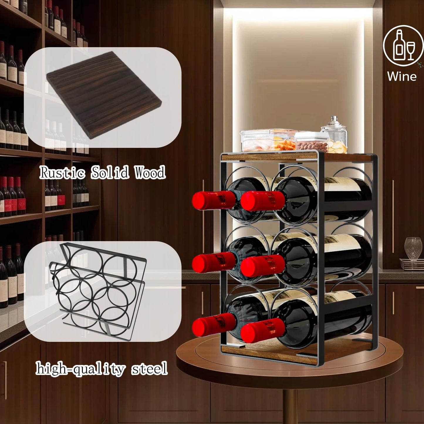 Dazioter Wood Countertop Wine Rack No Need Assembly 6 Bottles Black + Rustic Brown