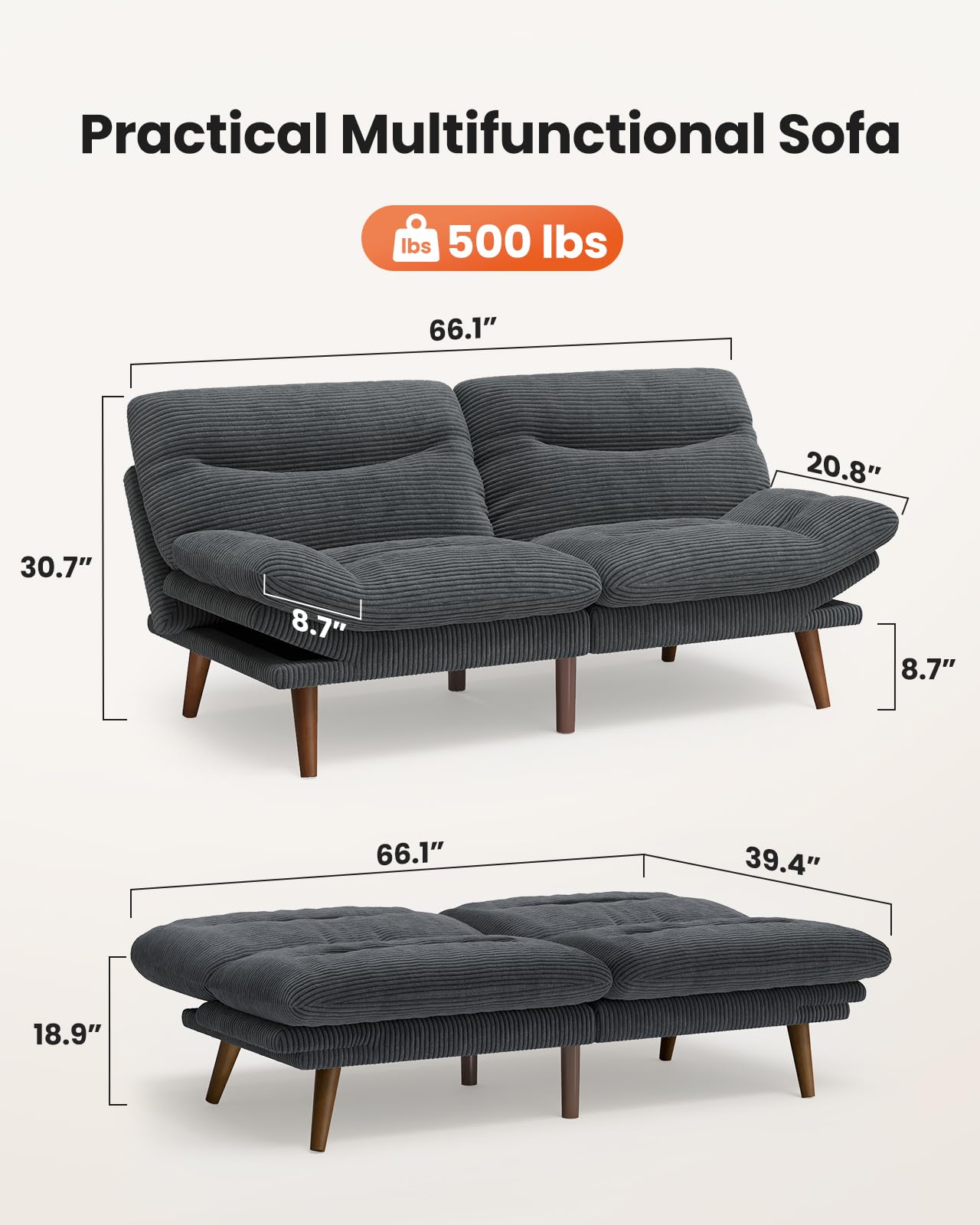 Amada 66" Convertible Futon Sofa Bed, Corduroy Folding Futon Set with Adjustable Backrest &Armrests, Recliner Lounge for Living Room, Apartment or Office, Wood Frame, Loveseat Sofa - Grey