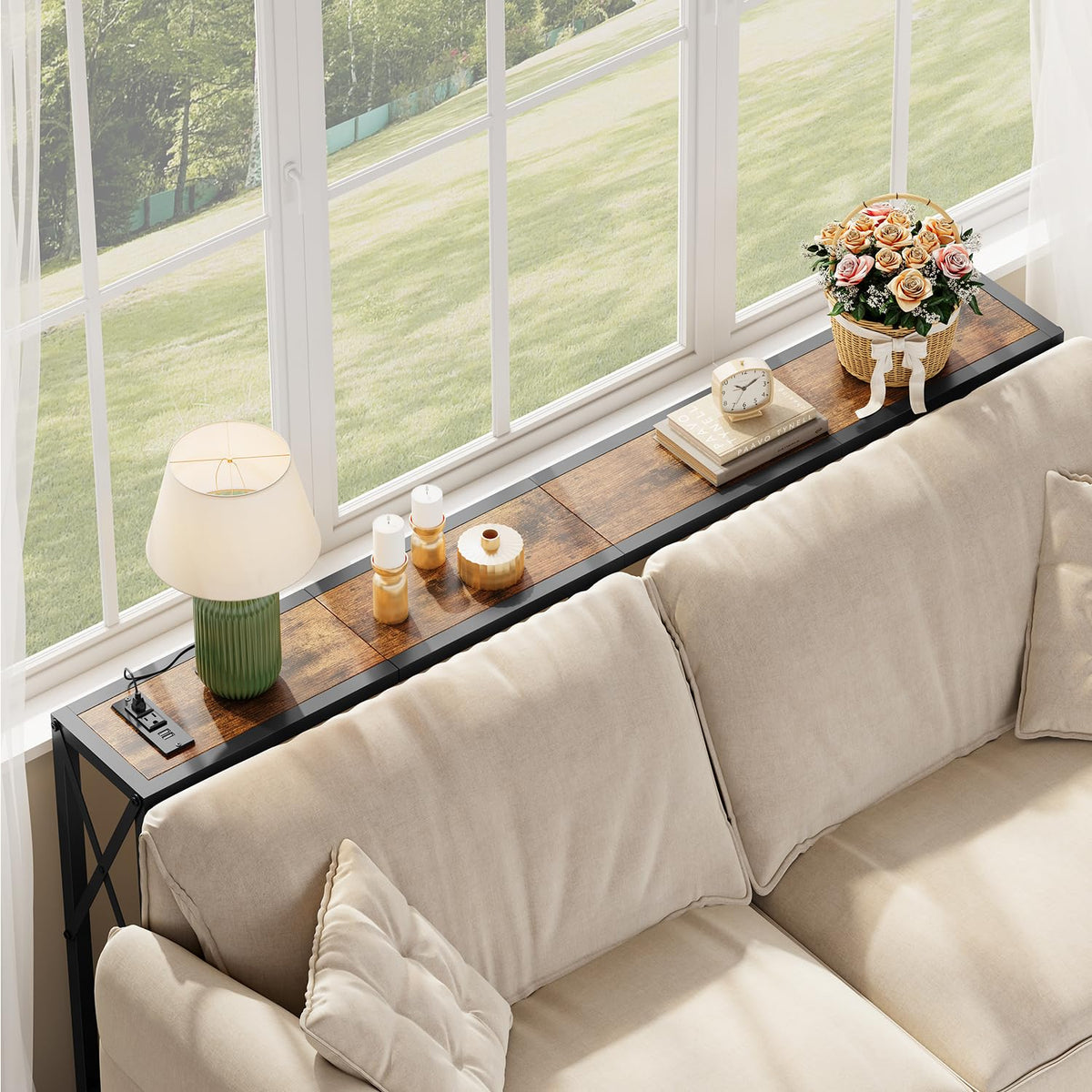 Gewudraw Narrow Console Table - 55.1" Sofa Table Behind Couch with Socket