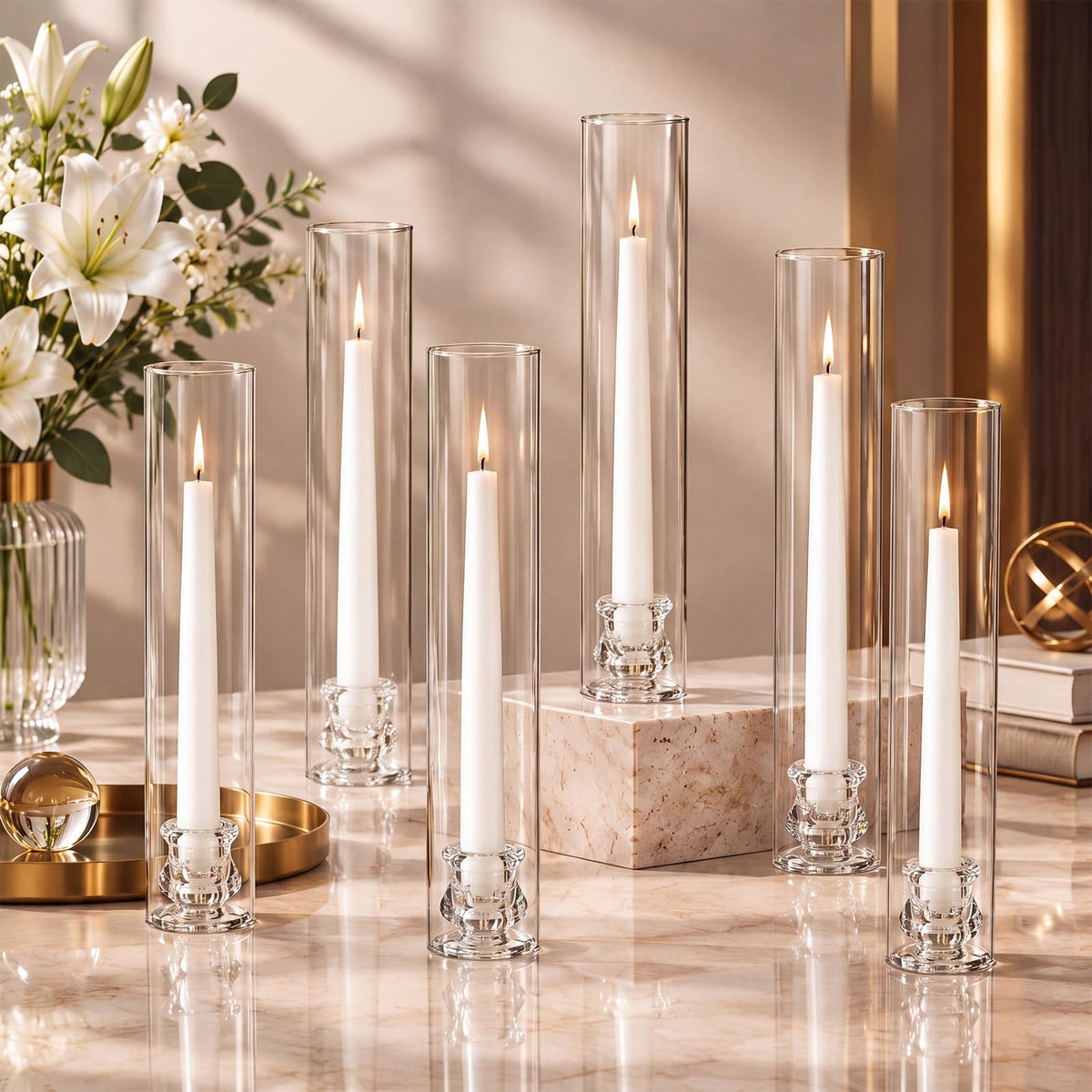 Teenyyou 24 Set Glass Hurricane Candle Holders Candlestick Bulk 12.6",Clear