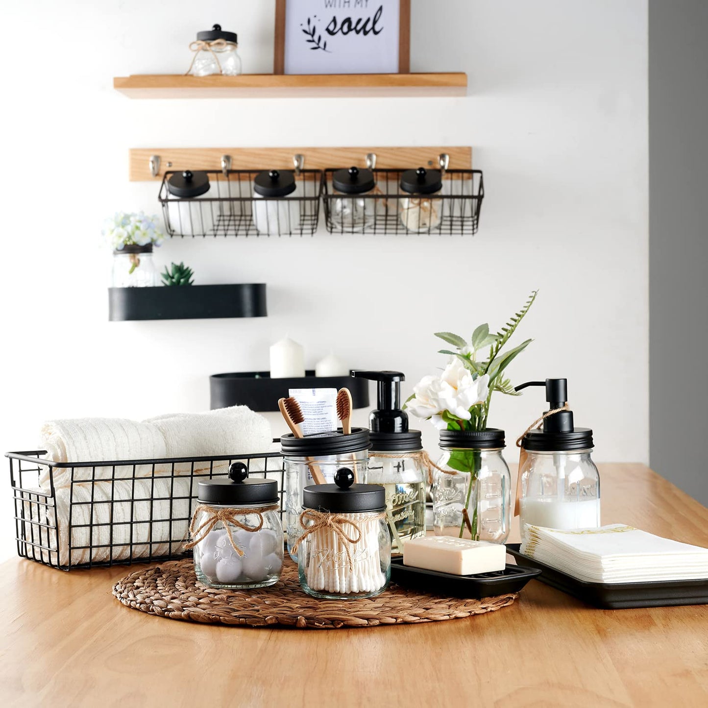 SheeChung 8PCS Mason Jar Bathroom Accessories Set Complete - Black