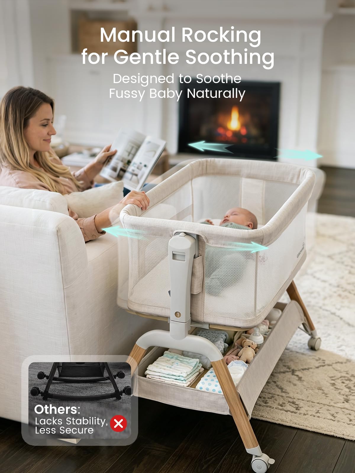 GROWNSY 5-in-1 Baby Bassinet Bedside Sleeper with Gentle Manual Rocking