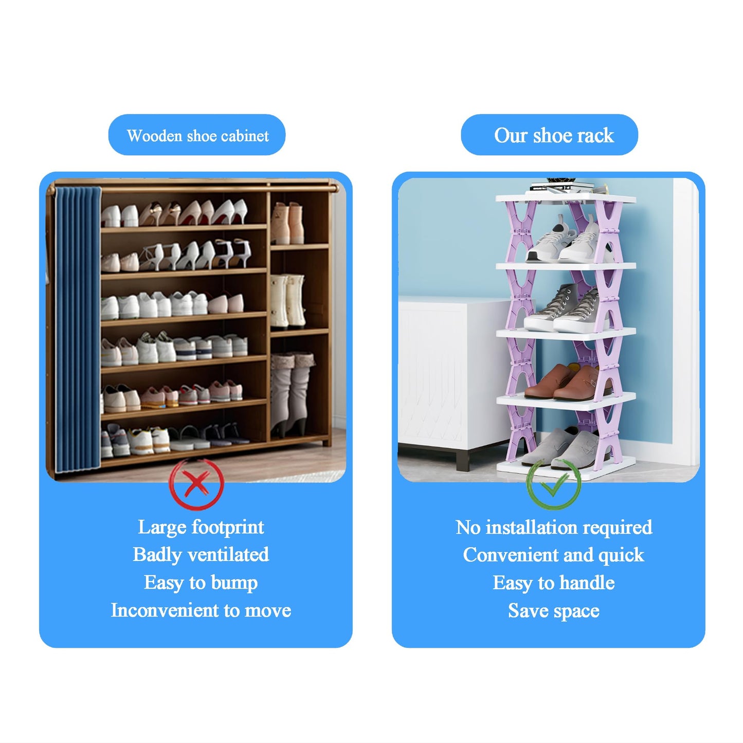HUYFGDYSA 6 Tier Kids Shoe Rack, Collapsible Shoe Rack for Kids' Rooms, Foldable Vertical Shoe Organizer for Front Door Entrance, Compact Shoe Storage Shelf for Narrow Spaces