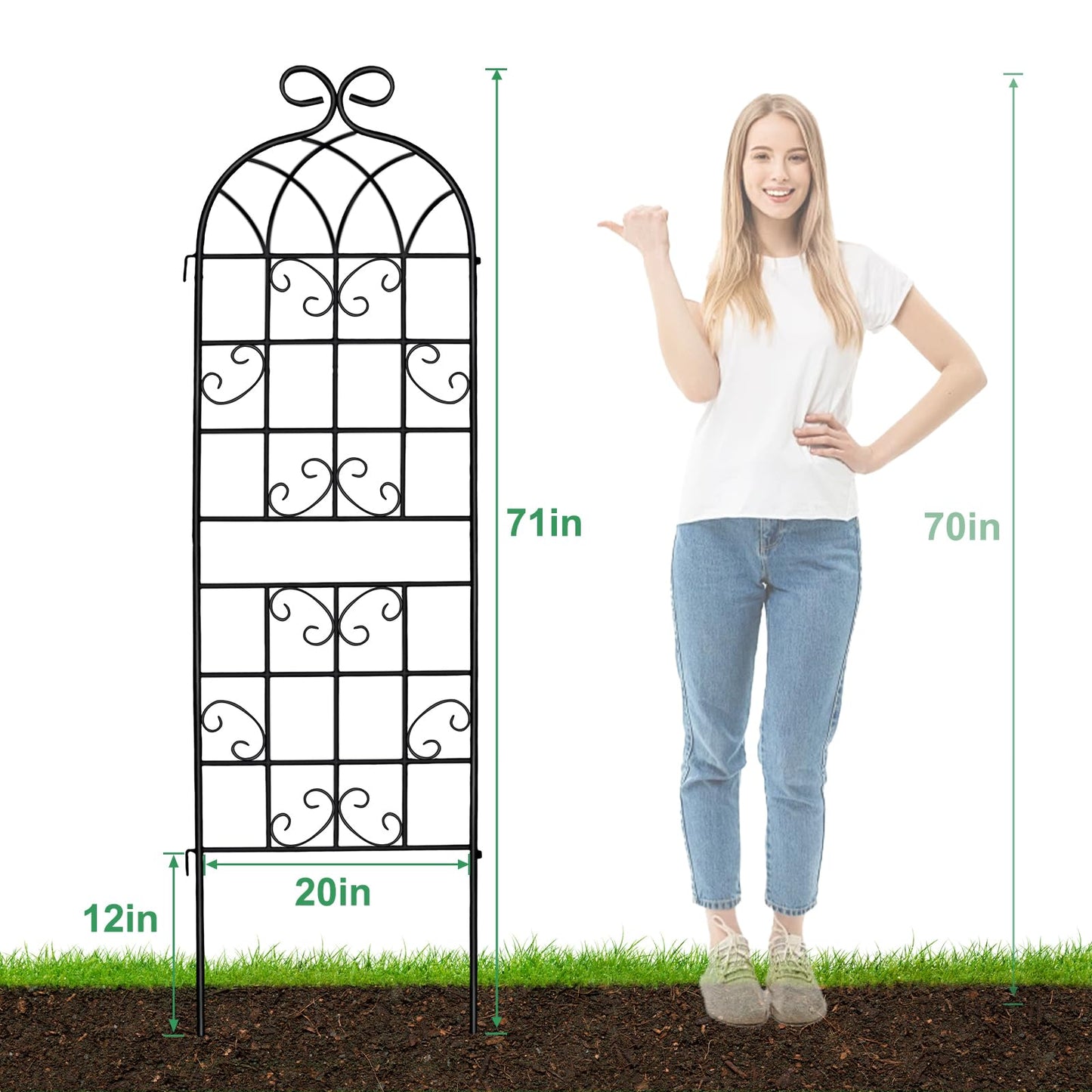 Lorenzo 2 Pcs 70 x 19.7 Inch Metal Garden Trellis for Climbing Plants Outdoor, Black Coated Frame, Plant Support for Outdoor Roses Vines Cucumber Vegetables