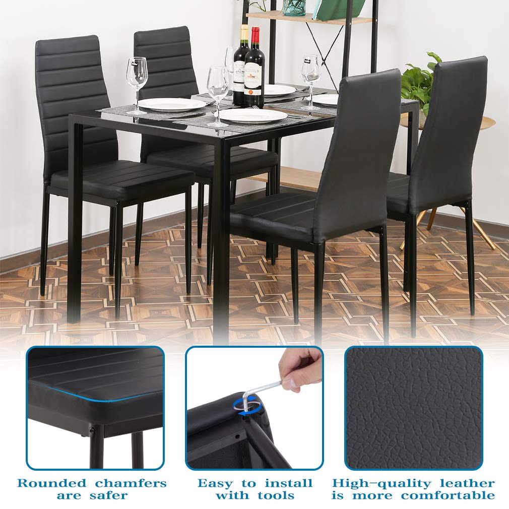 FDW | 5-Piece Dining Table Set | Black | Glass Kitchen Table with 4 Upholstered Chairs and Faux Leather Cushions | Space-Saving and Modern Design | for Dining Room, Easy to Assemble