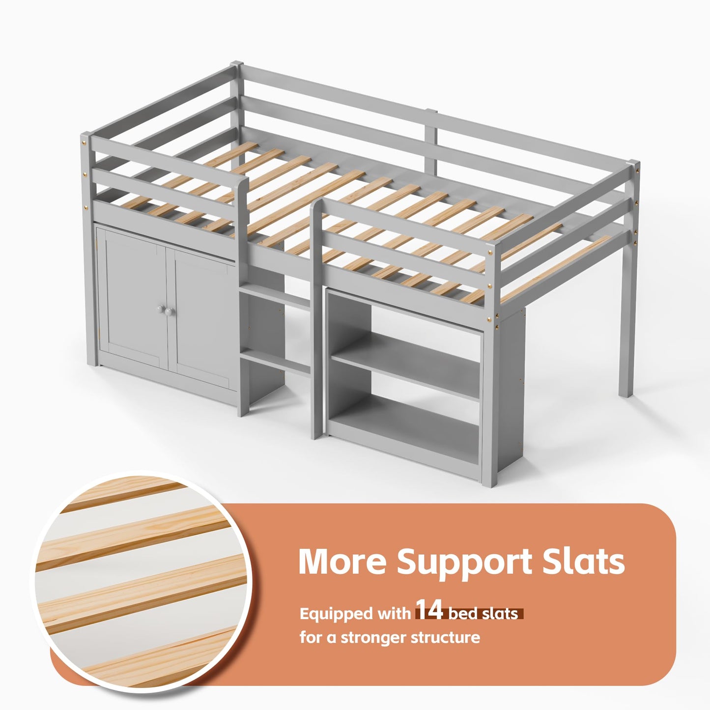 TOLEAD Wood Low Loft Bed Twin Size with Storage Cabinet, Shelf and LED Lights, Wooden Kids Loft Bed with 14" H Safety Guardrail, Ladder and Under-Bed Play Space, Grey