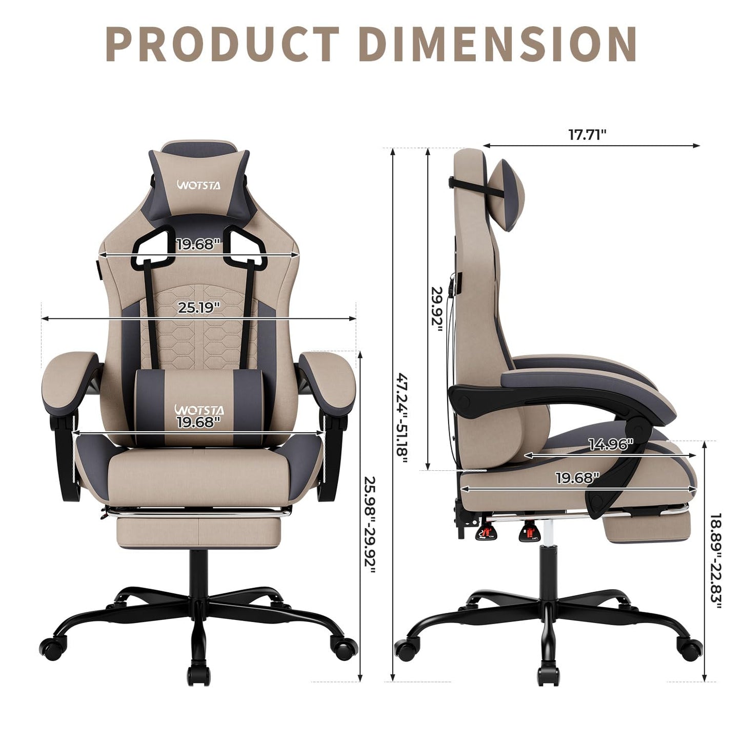 WOTSTA Gaming Chair with Massage,Ergonomic PC Gaming Chair with Footrest Comfortable Headrest and Lumbar Support, High Back, 300LBS (Grey)