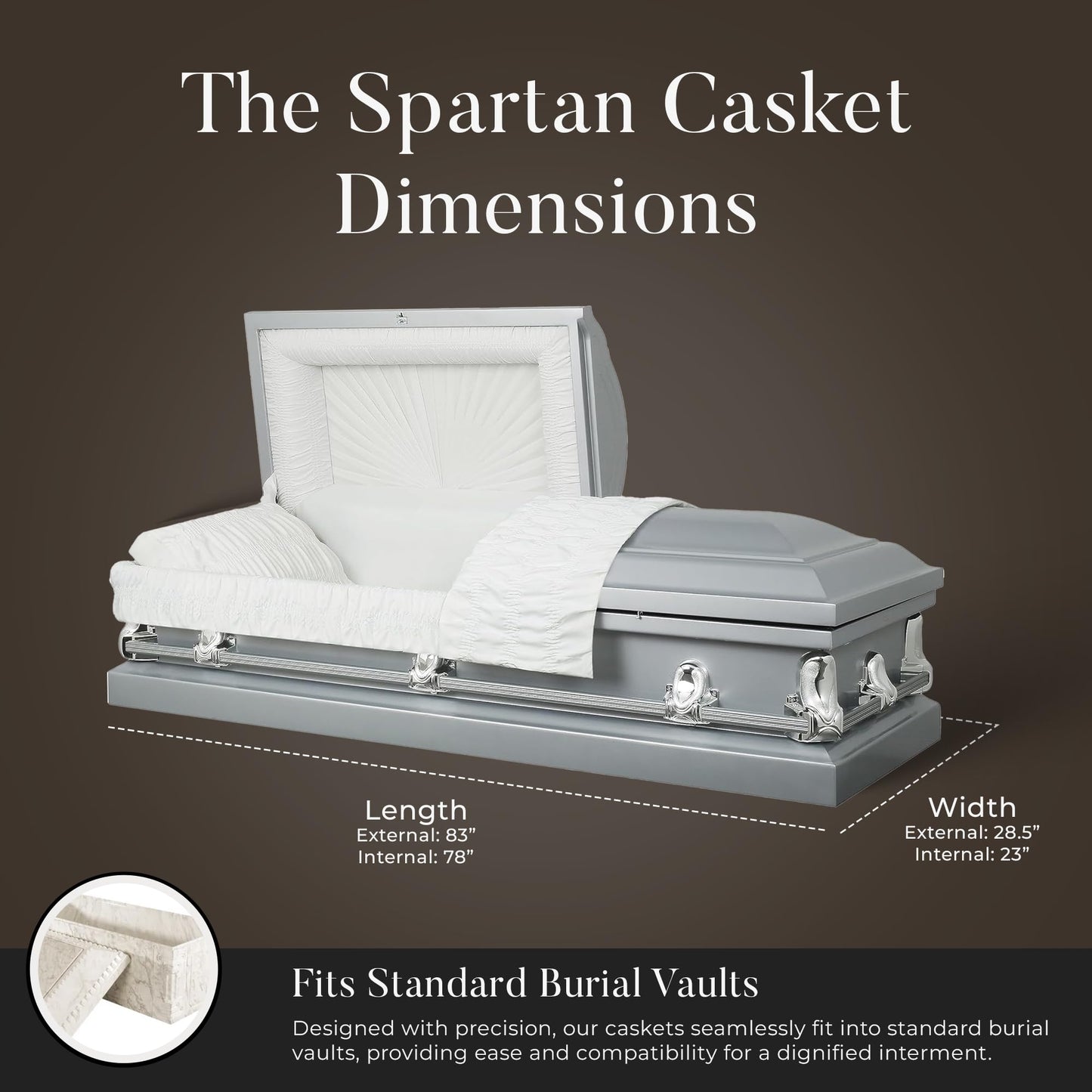 Overnight Caskets Spartan Collection Funeral Casket Silver with White Interior - 20 Gauge Steel - Fully Appointed Adult Casket - Coffin Featuring a Crepe Interior Lining with Pillow and Throw Set