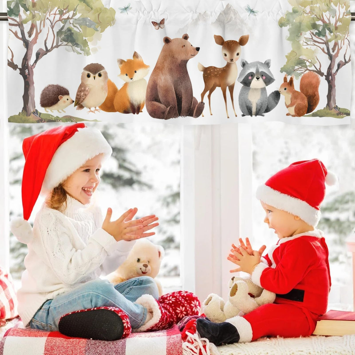 HawSkgFub Baby Boy Girl Animals Nursery Curtains Valance 54 x 18, Unisex Bear Fox Deer Bunny Short Half Topper Window Treatments Rod Pocket, Kids Toddler Bedroom Playroom Home Kitchen Decor