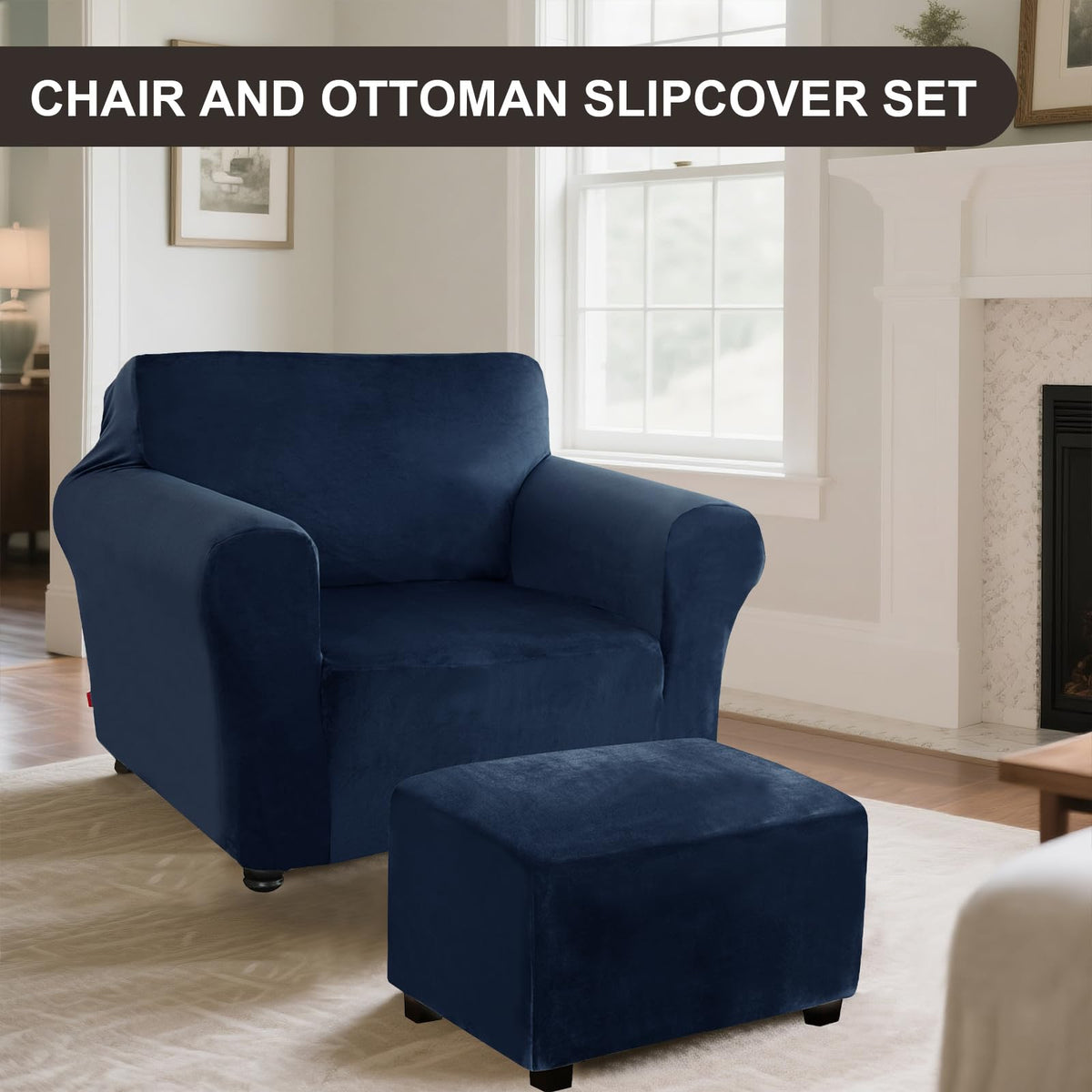 KSLHRCB Chair and Ottoman Cover Set, Armchair and Ottoman Velvet Cover Non-Slip, Stretch Single Seat Sofa and Foot Stool Covers Set for Living Room (Navy Blue,Chair + Ottoman)