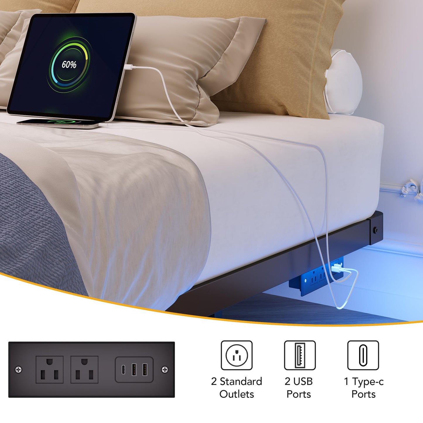 Decofy Queen Size Floating Bed Frame with LED Lights and Charging Station, Modern Minimalist Design, No Spring Mattress Required, Easy to Assemble
