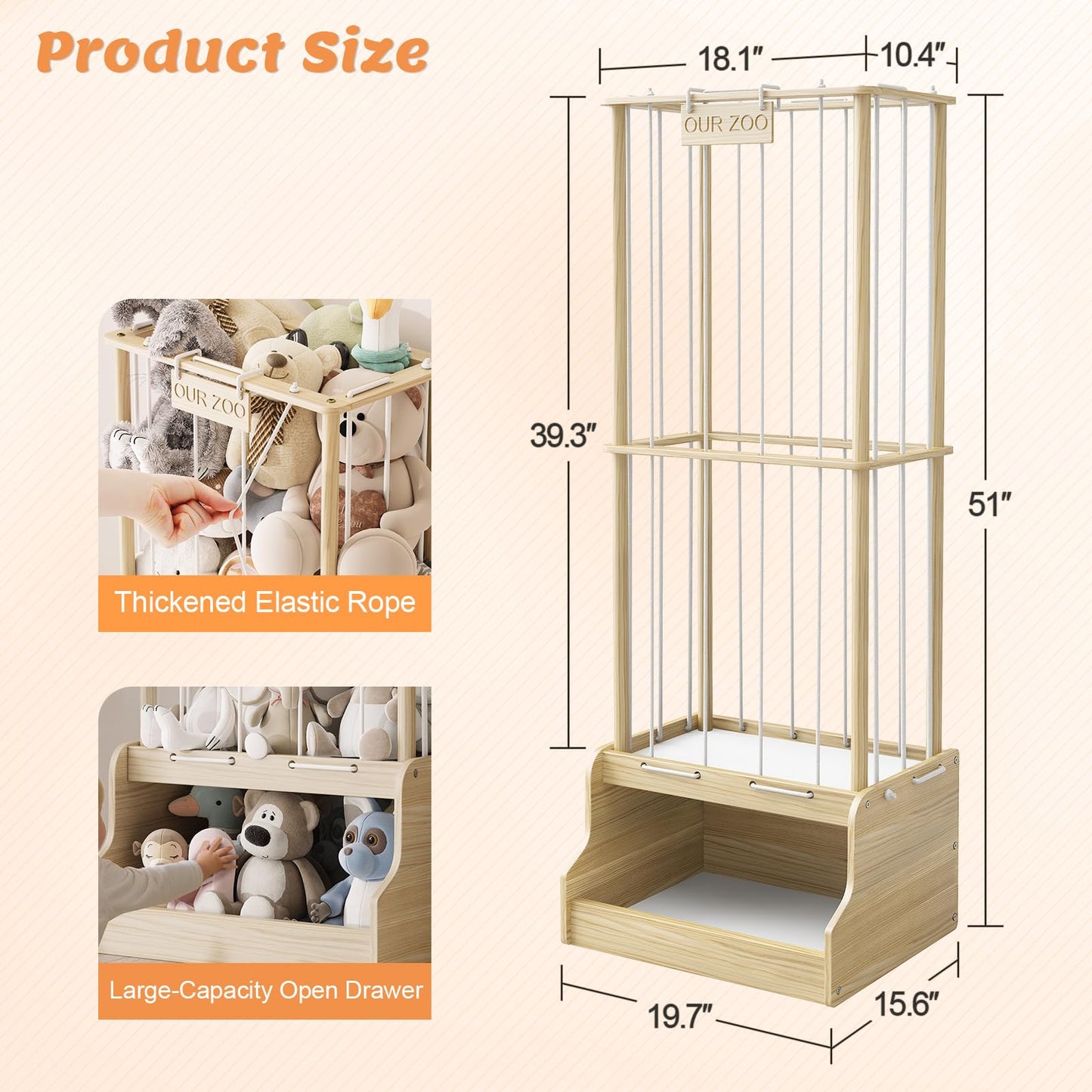 Stuffed Animal Storage Organizer,2-in-1 Solid Pine Wood Stuffed Animal Zoo with Toy Chest, Large Plush Toy Holder with Thick Elastic Bands,Stuffed Animal Holder for Playroom, Nursery, Bedroom