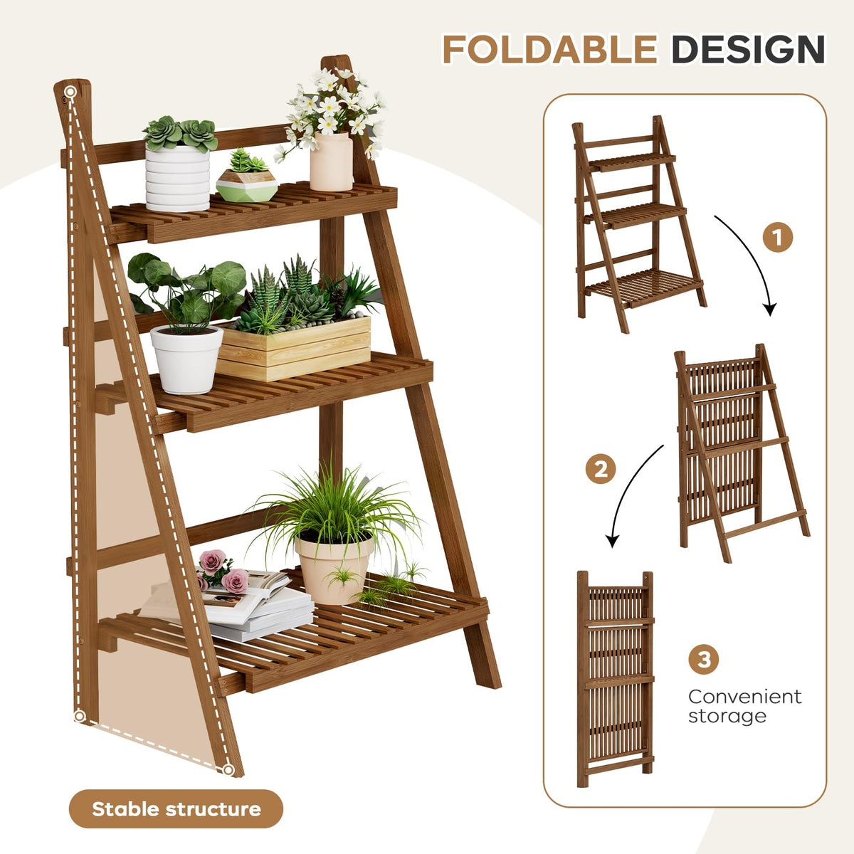 Ladder Shelf, Foldable Plant Shelf Stand, 3-Tier Bamboo Bookshelf, 39.4In