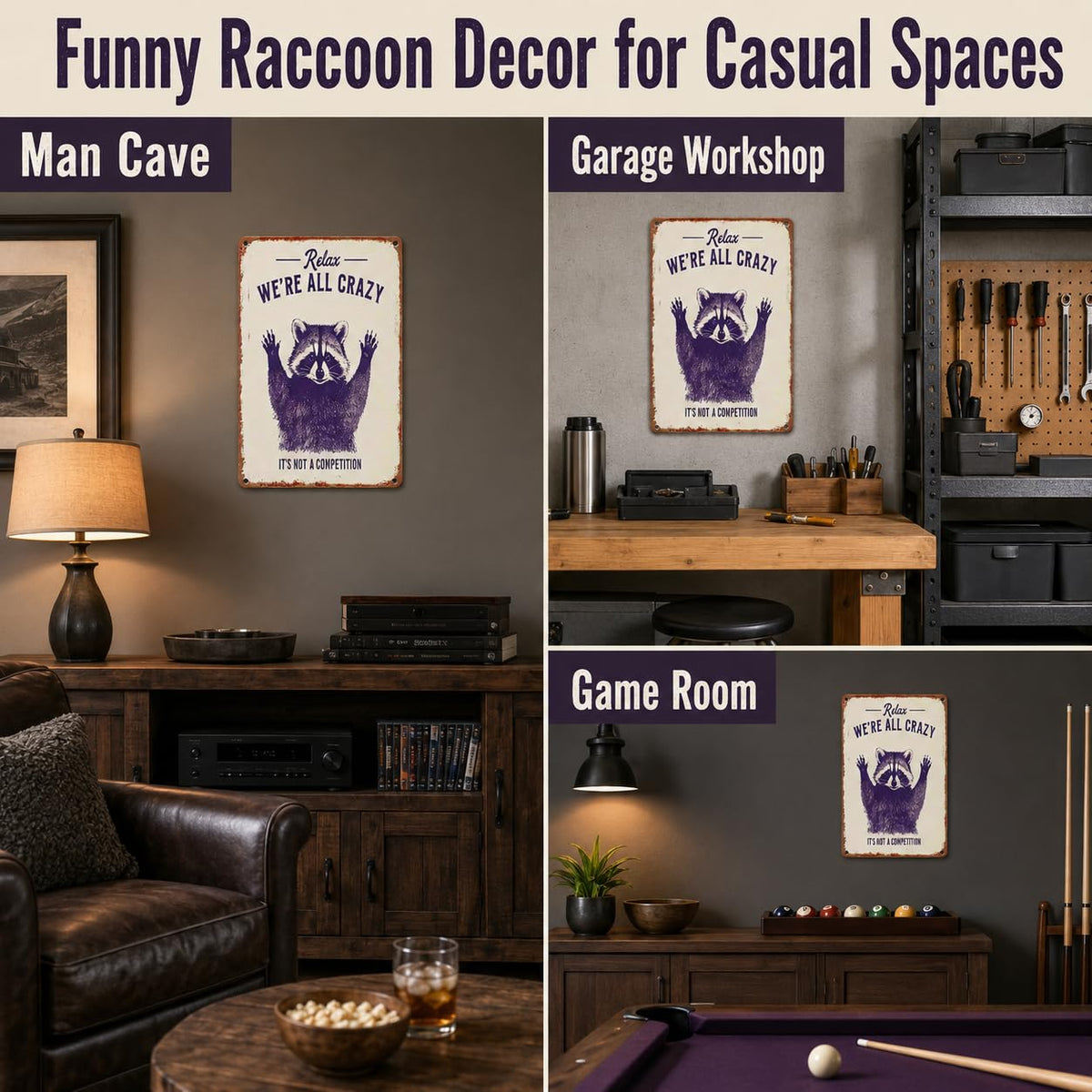 Relax We're All Crazy Raccoon Metal Sign 8x12 Inch, Funny Garage Decor