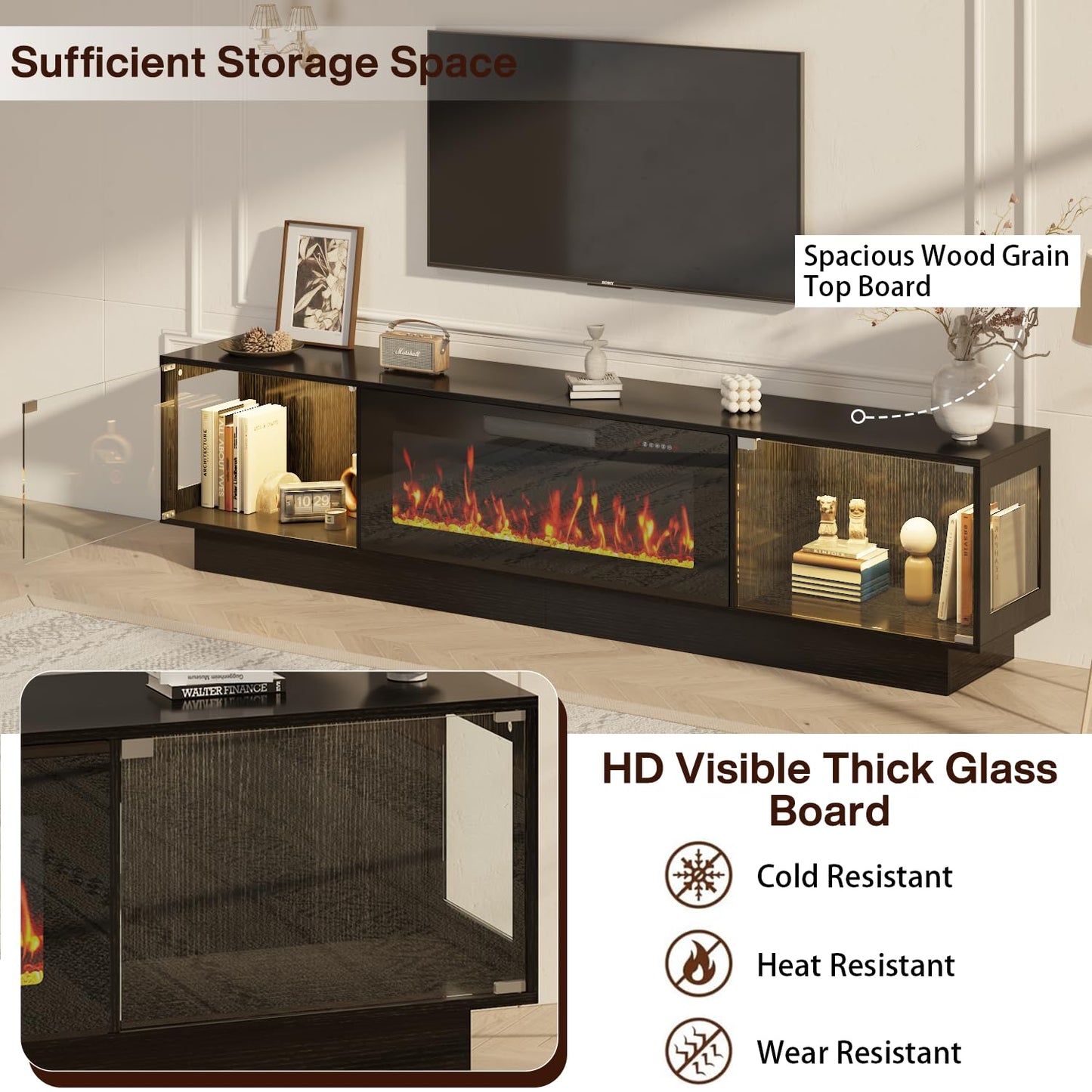 PRETZI 80 Inch Modern Fireplace TV Stand, Luxury TV Stand with 36" Fireplace for TVs Up to 90", Glossy Glass Doors Entertainment Center with Adjustable RGB LED Light for Living Room, Black