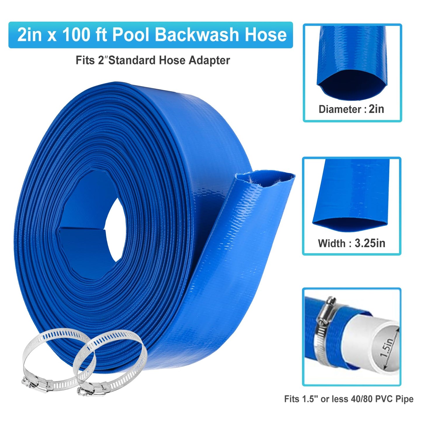 OCGIG 2" x 100 FT Pool Backwash Hose, Heavy-Duty Lay Flat Discharge PVC Hose, Weatherproof Burst Resistant for Water Pool Drain, Swimming Pool Filter Pump, Water Transfer, with 2 Clamps