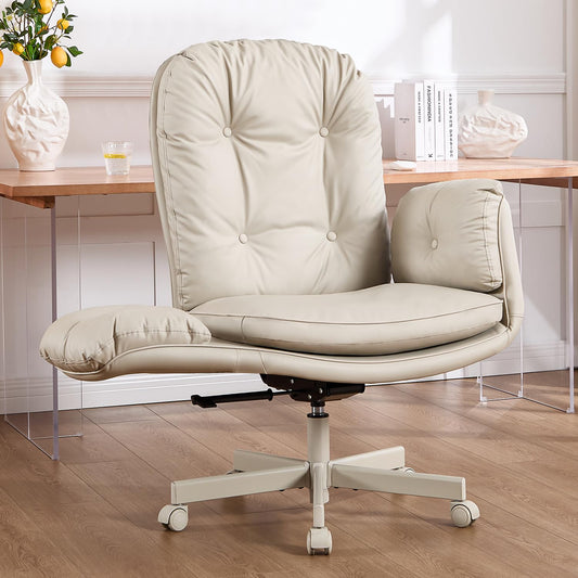 amseatec Criss Cross Chair with 5-Level Armrests — Self-Weight Recline with 90°/135° Lock, 400LBS Big and Tall Executive Office Chair, PU Leather Swivel Computer Desk Chair for Home Office (Cream)
