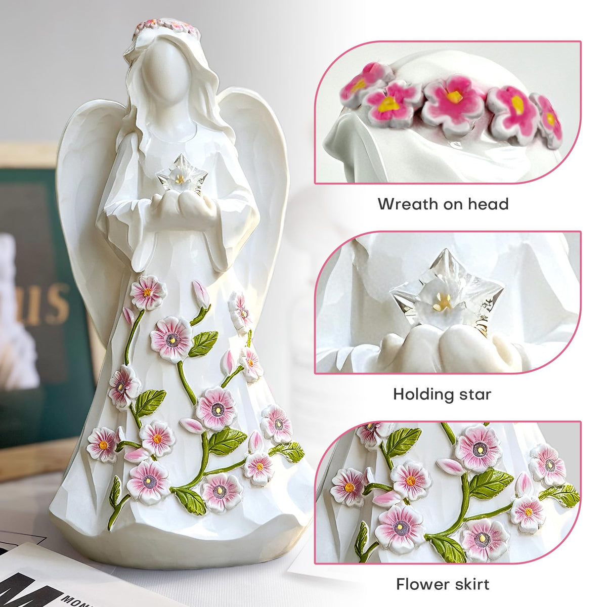 Guardian Angel Figurines Resin with Light Star Battery Operated Gift Decor